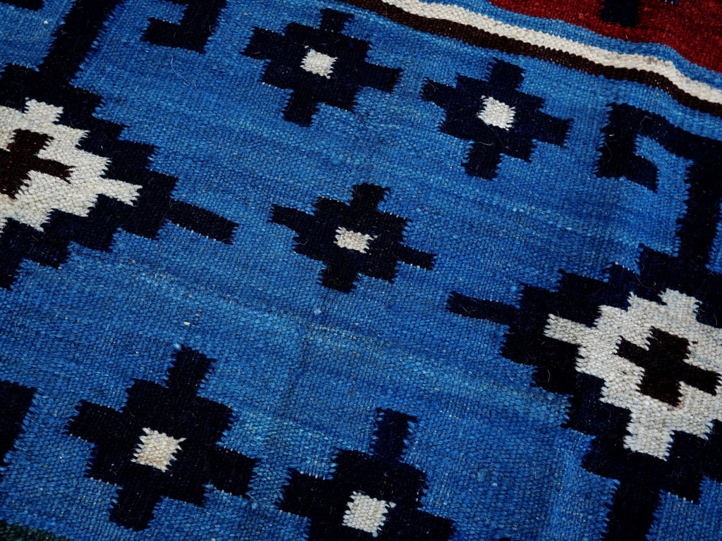 5x7 Ft Blue & Red Kilim Rug - Handwoven Afghan Flat Weave