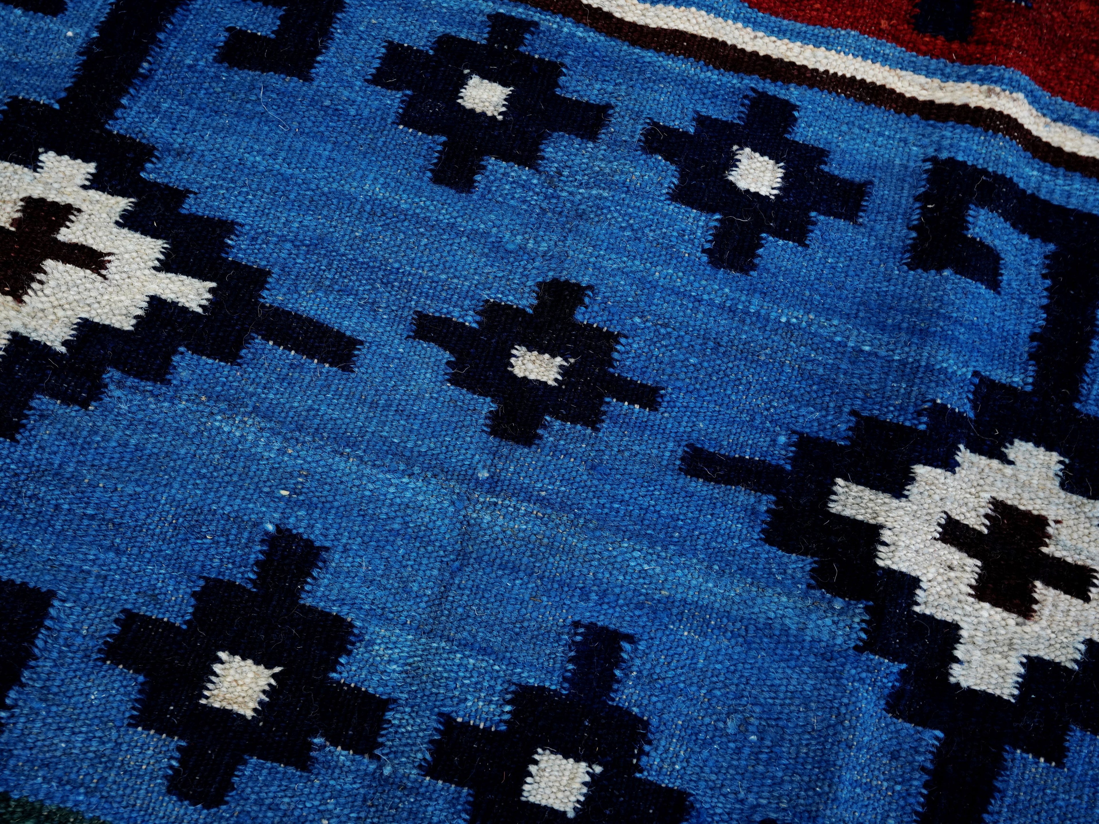 5x7 Ft Blue & Red Kilim Rug - Handwoven Afghan Flat Weave