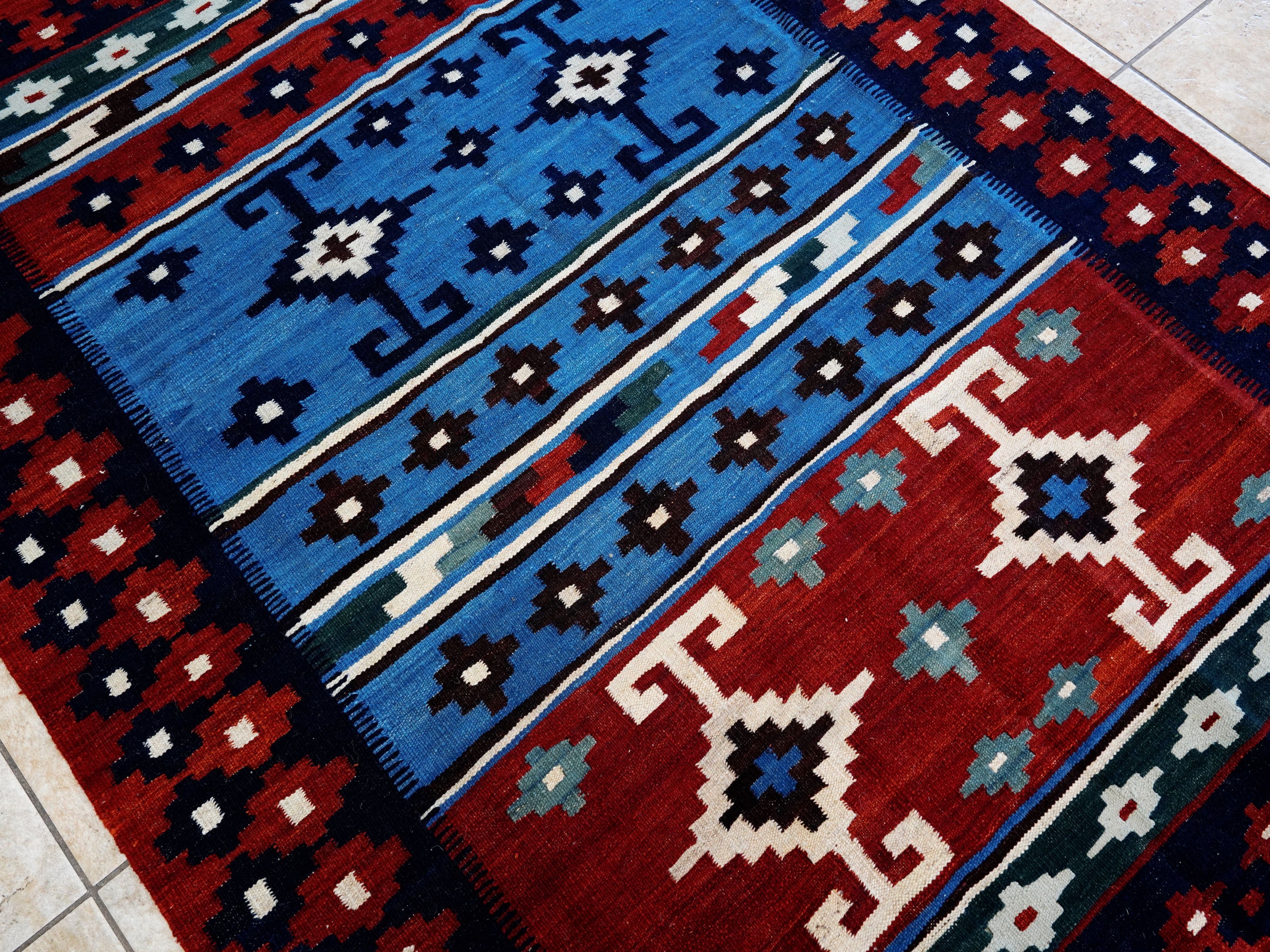5x7 Ft Blue & Red Kilim Rug - Handwoven Afghan Flat Weave
