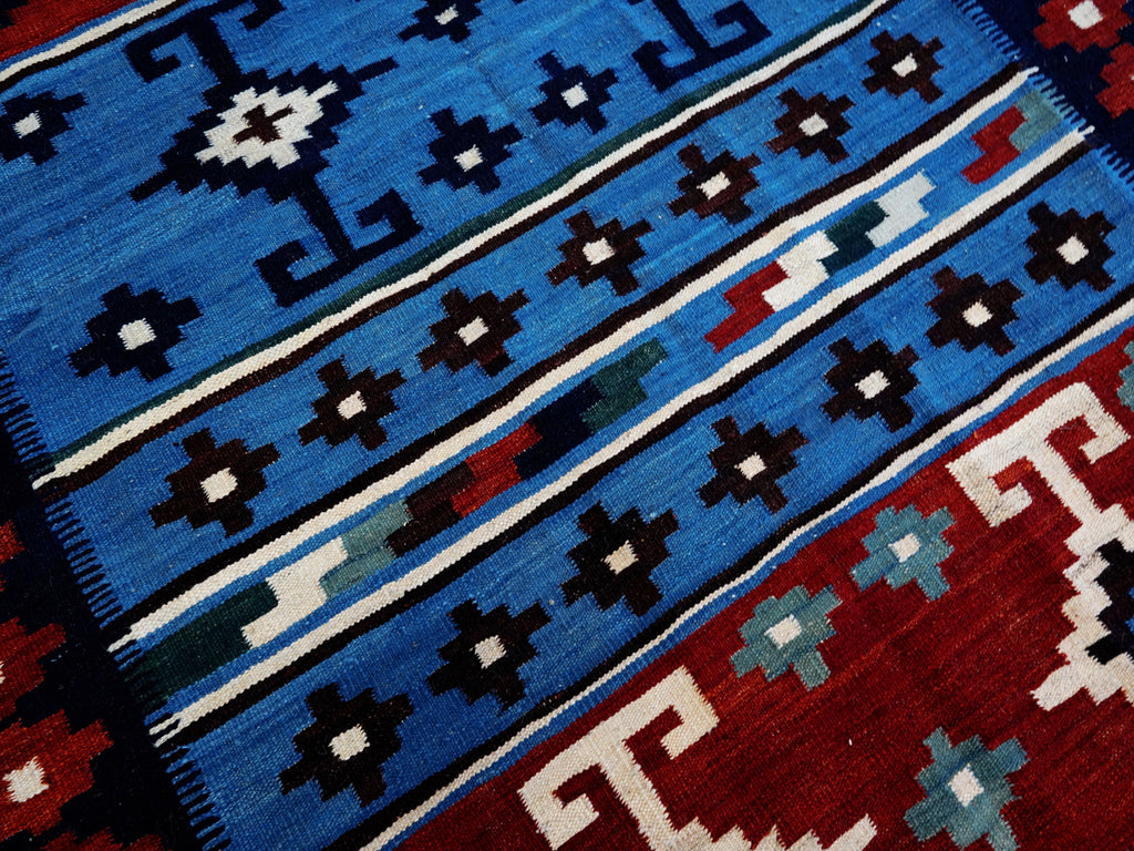 5x7 Ft Blue & Red Kilim Rug - Handwoven Afghan Flat Weave