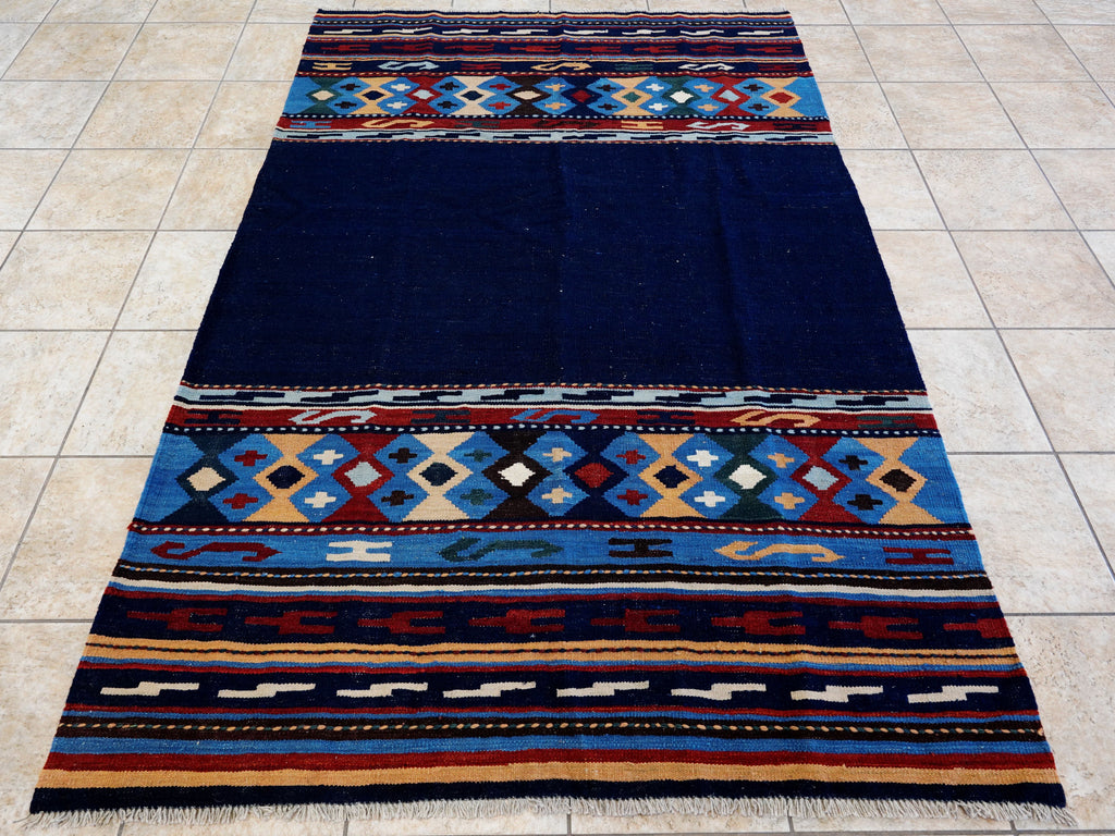 5x8 Ft Navy Blue Kilim Rug - Handwoven Tribal Flatweave