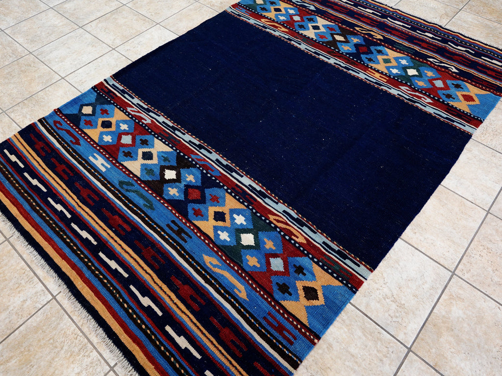 5x8 Ft Navy Blue Kilim Rug - Handwoven Tribal Flatweave