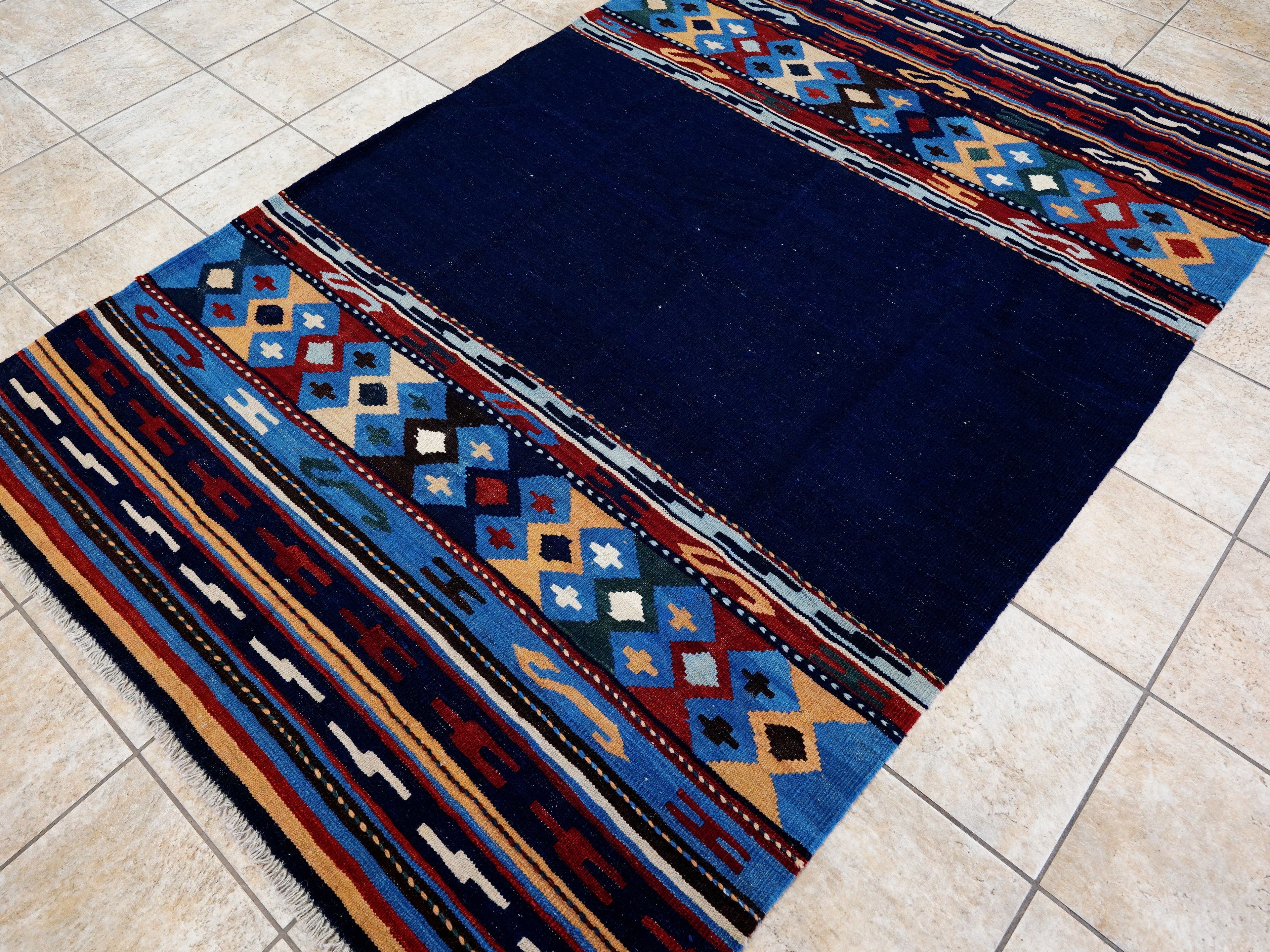 5x8 Ft Navy Blue Kilim Rug - Handwoven Tribal Flatweave