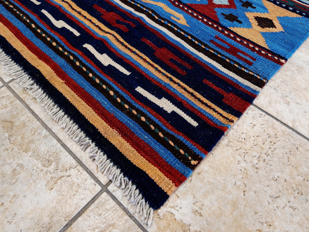 5x8 Ft Navy Blue Kilim Rug - Handwoven Tribal Flatweave