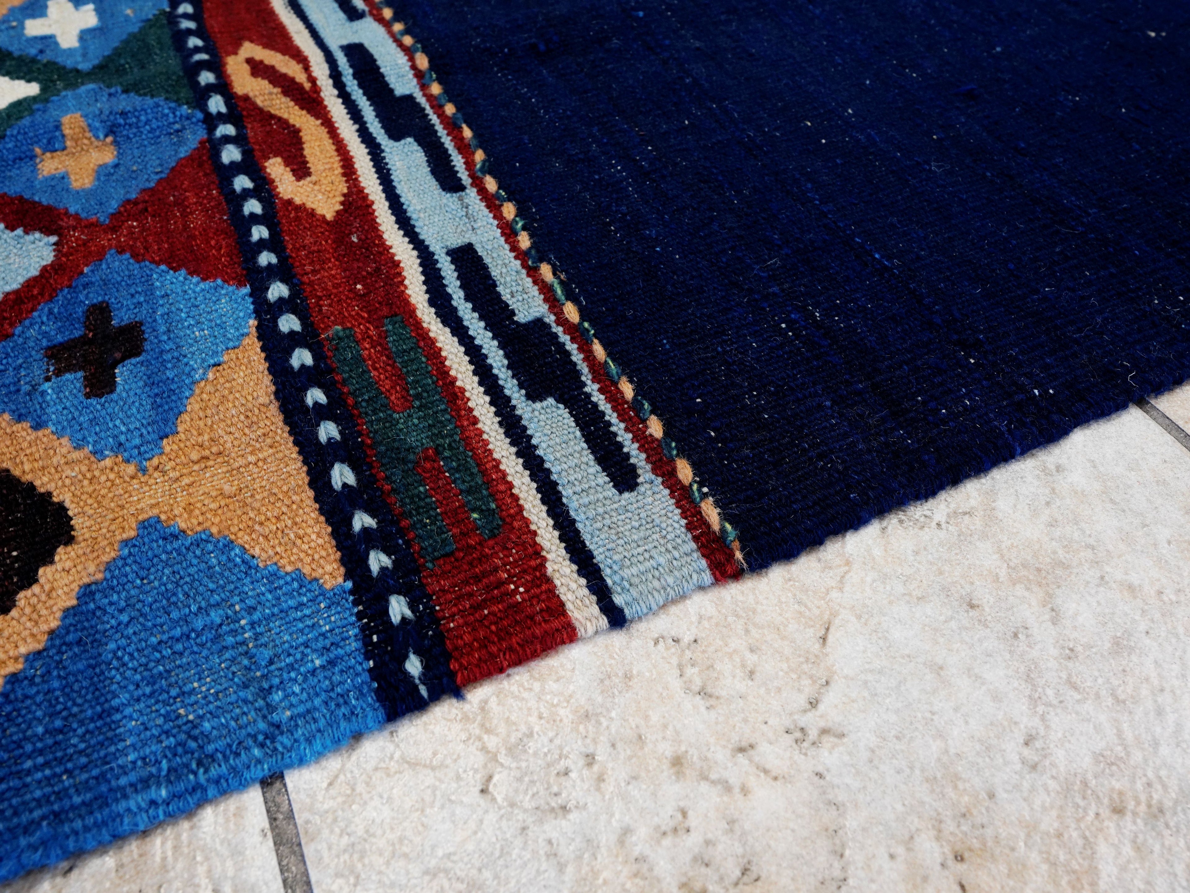 5x8 Ft Navy Blue Kilim Rug - Handwoven Tribal Flatweave
