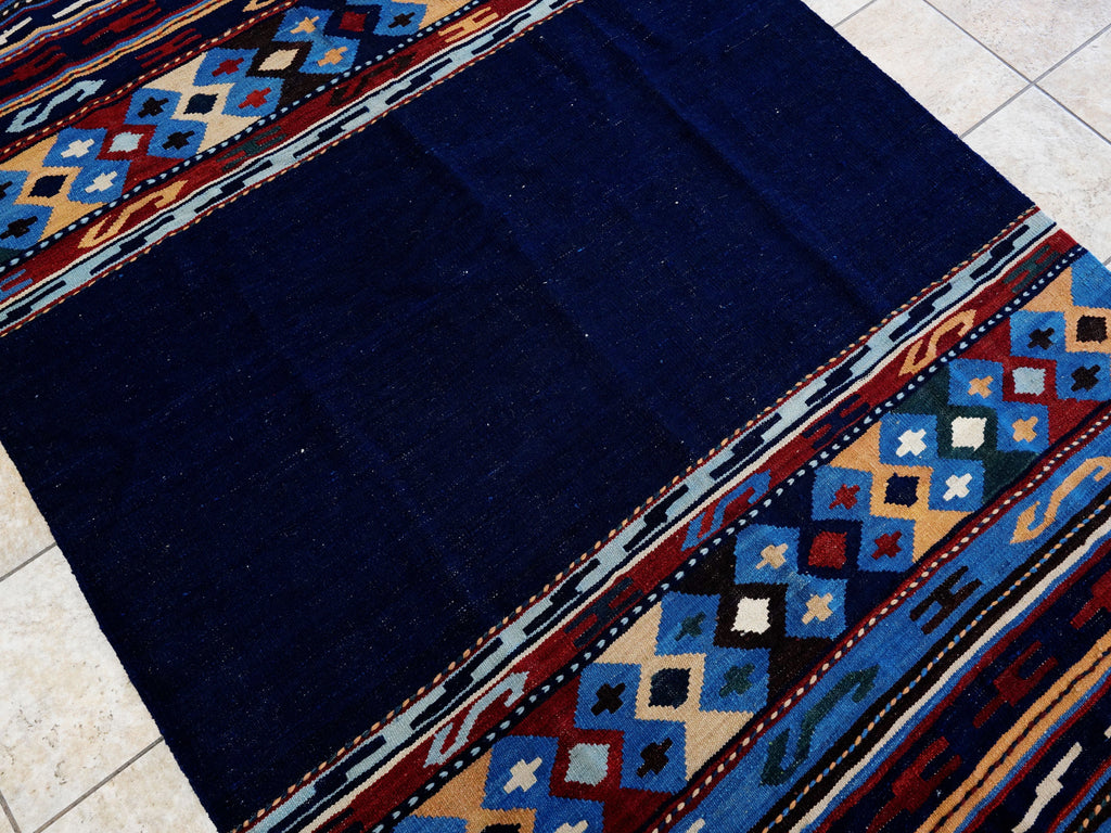 5x8 Ft Navy Blue Kilim Rug - Handwoven Tribal Flatweave