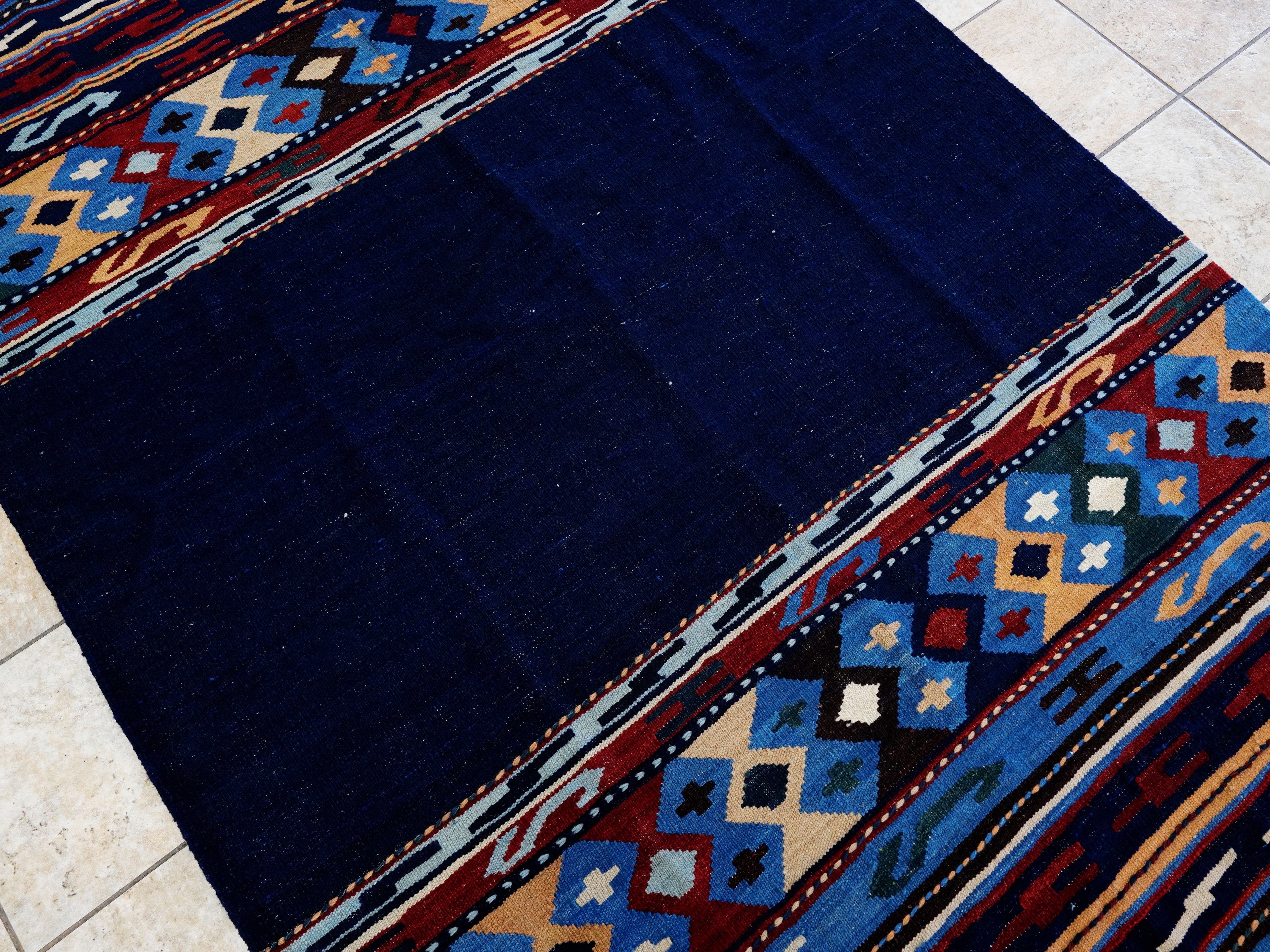 5x8 Ft Navy Blue Kilim Rug - Handwoven Tribal Flatweave