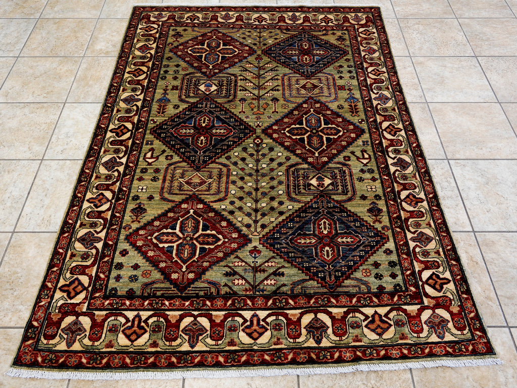 5x7 Ft Green Heriz Rug - Handmade Afghan Rug - Persian Design