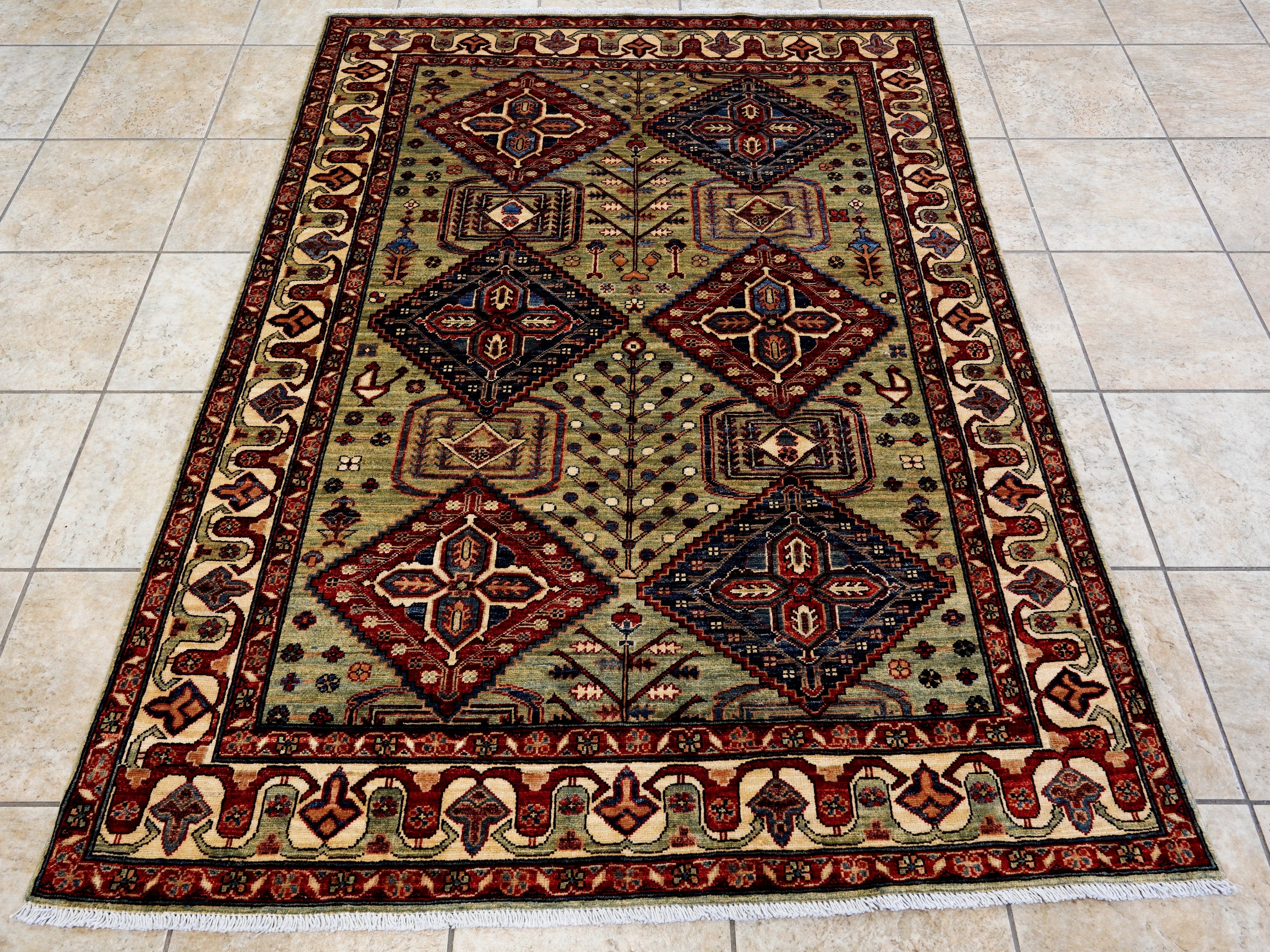 5x7 Ft Green Heriz Rug - Handmade Afghan Rug - Persian Design