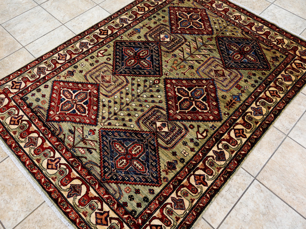 5x7 Ft Green Heriz Rug - Handmade Afghan Rug - Persian Design