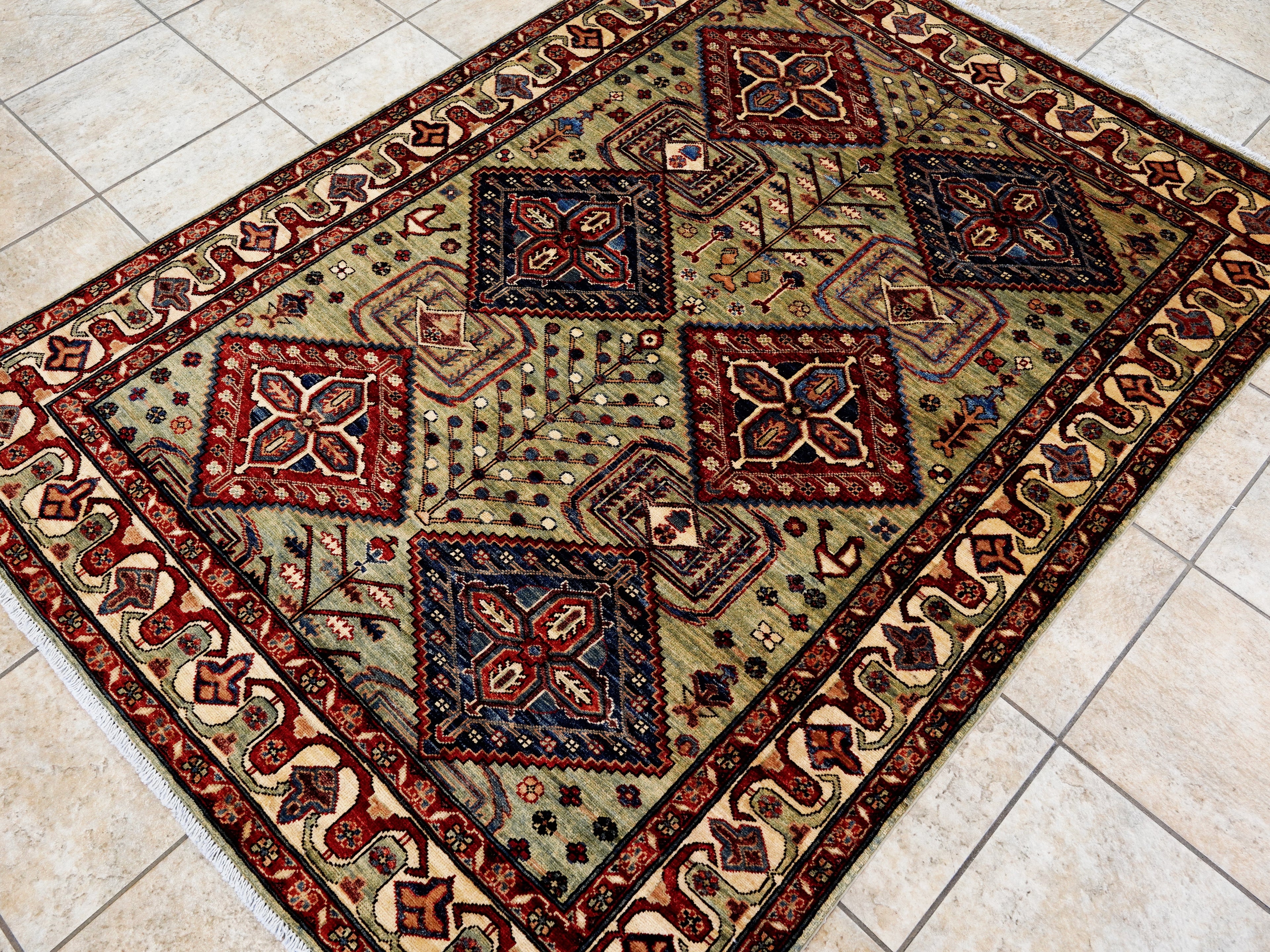 5x7 Ft Green Heriz Rug - Handmade Afghan Rug - Persian Design