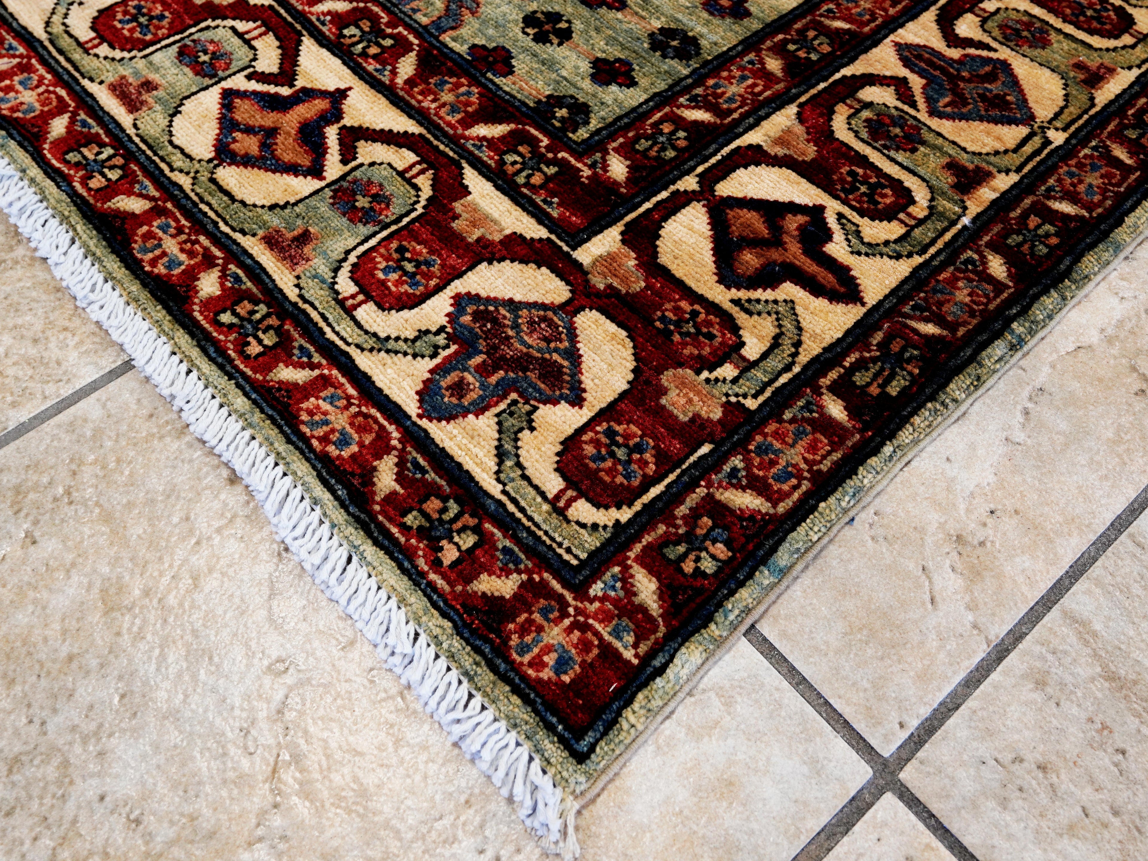 5x7 Ft Green Heriz Rug - Handmade Afghan Rug - Persian Design