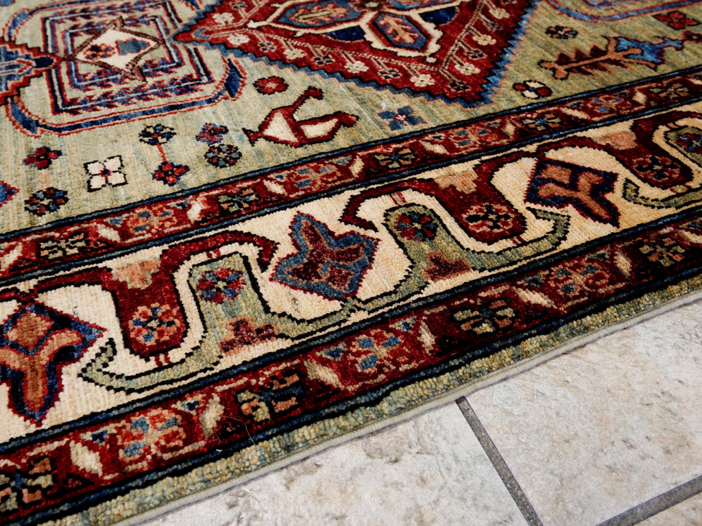 5x7 Ft Green Heriz Rug - Handmade Afghan Rug - Persian Design