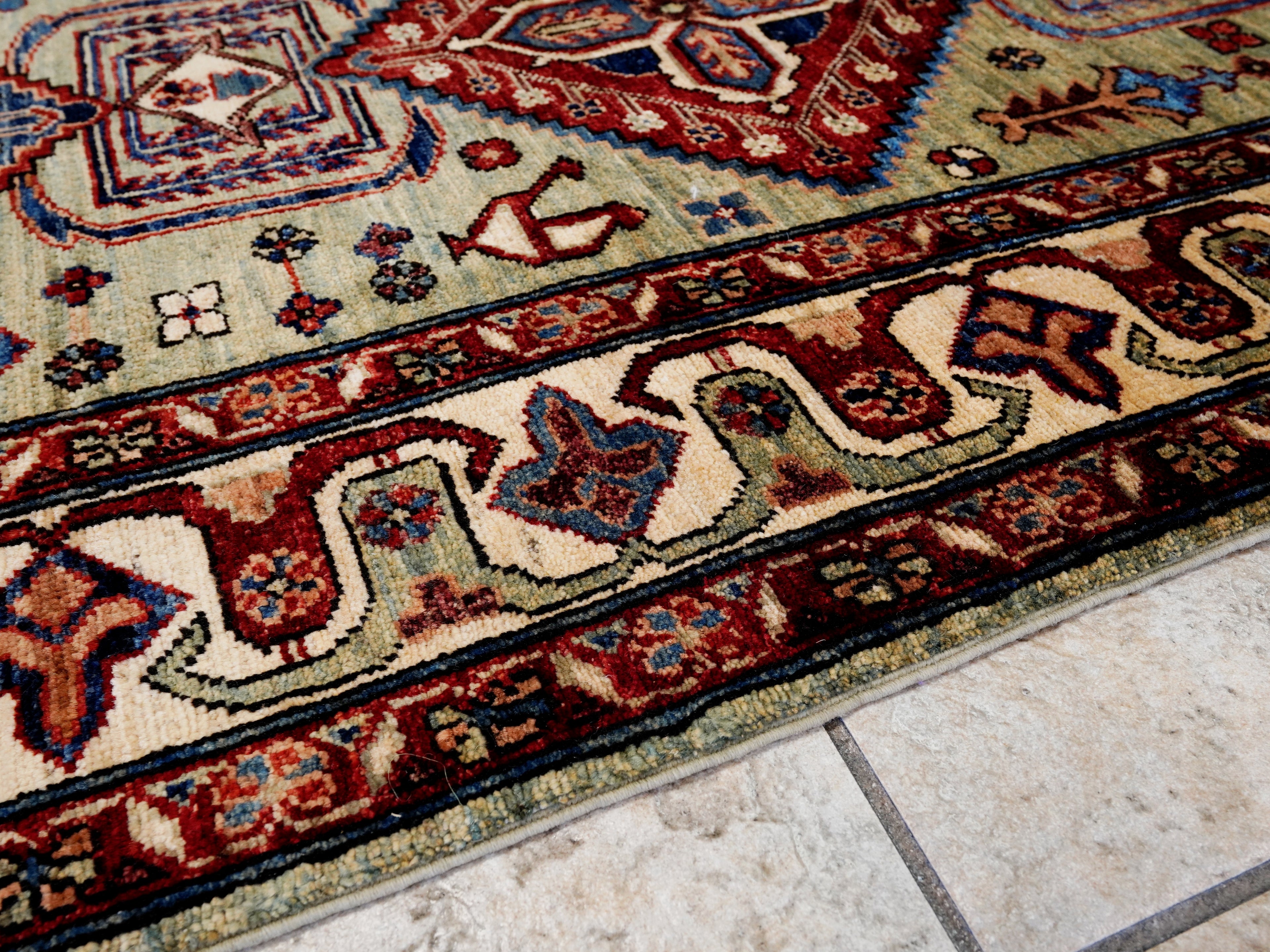 5x7 Ft Green Heriz Rug - Handmade Afghan Rug - Persian Design