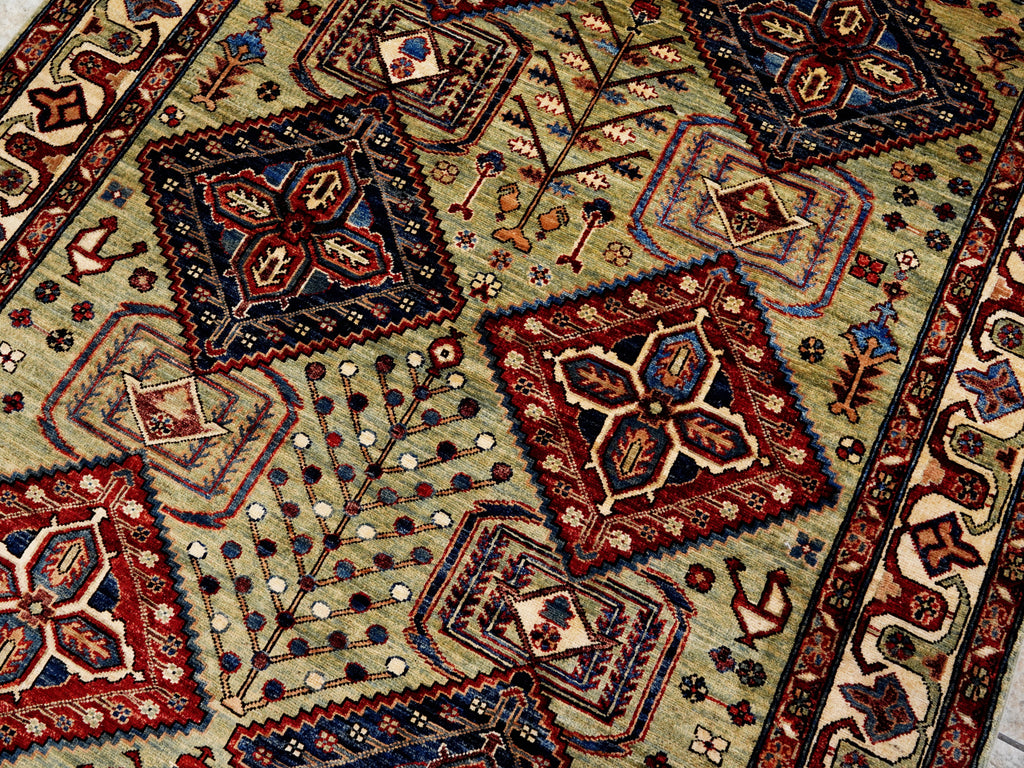 5x7 Ft Green Heriz Rug - Handmade Afghan Rug - Persian Design