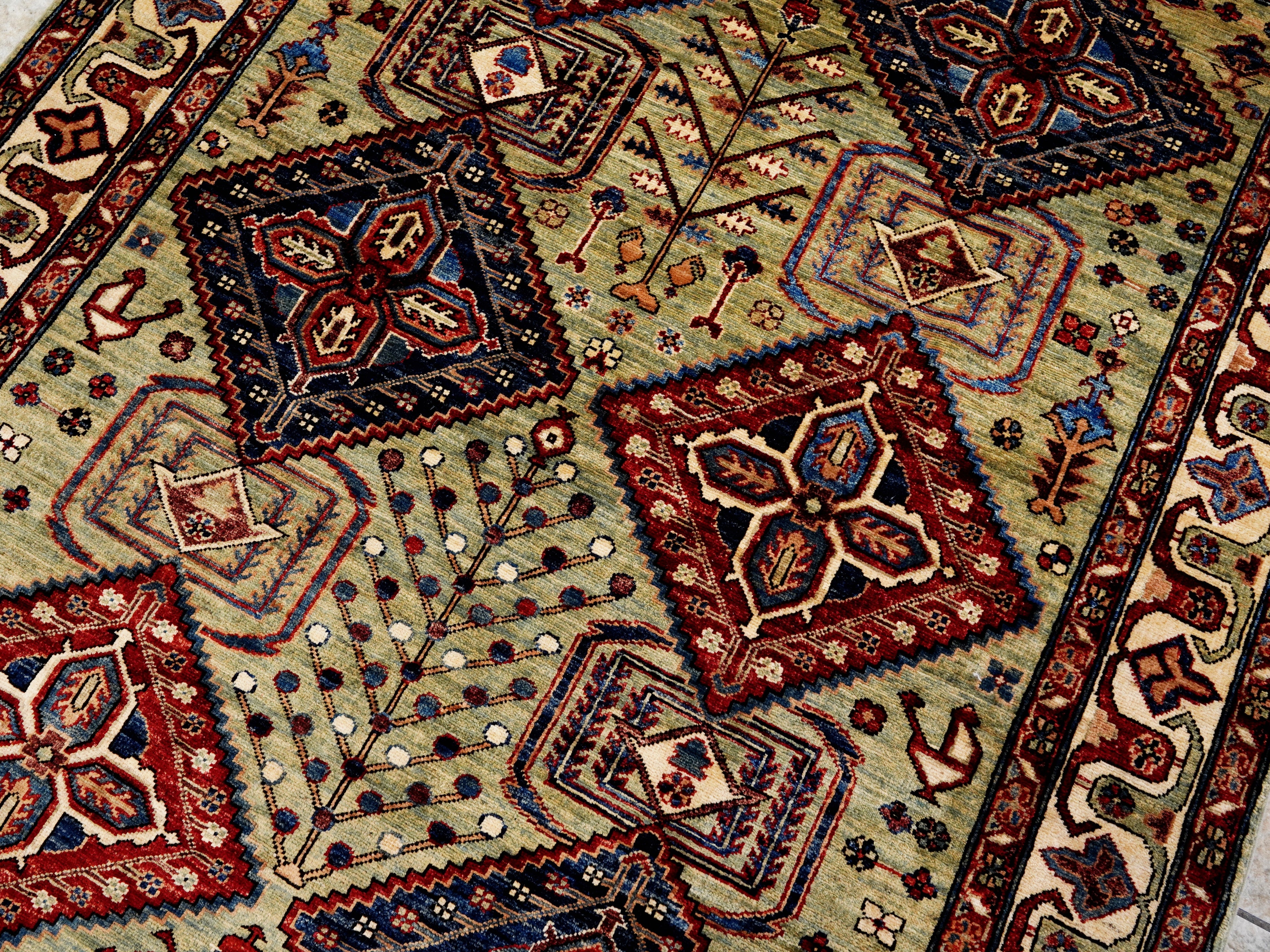 5x7 Ft Green Heriz Rug - Handmade Afghan Rug - Persian Design