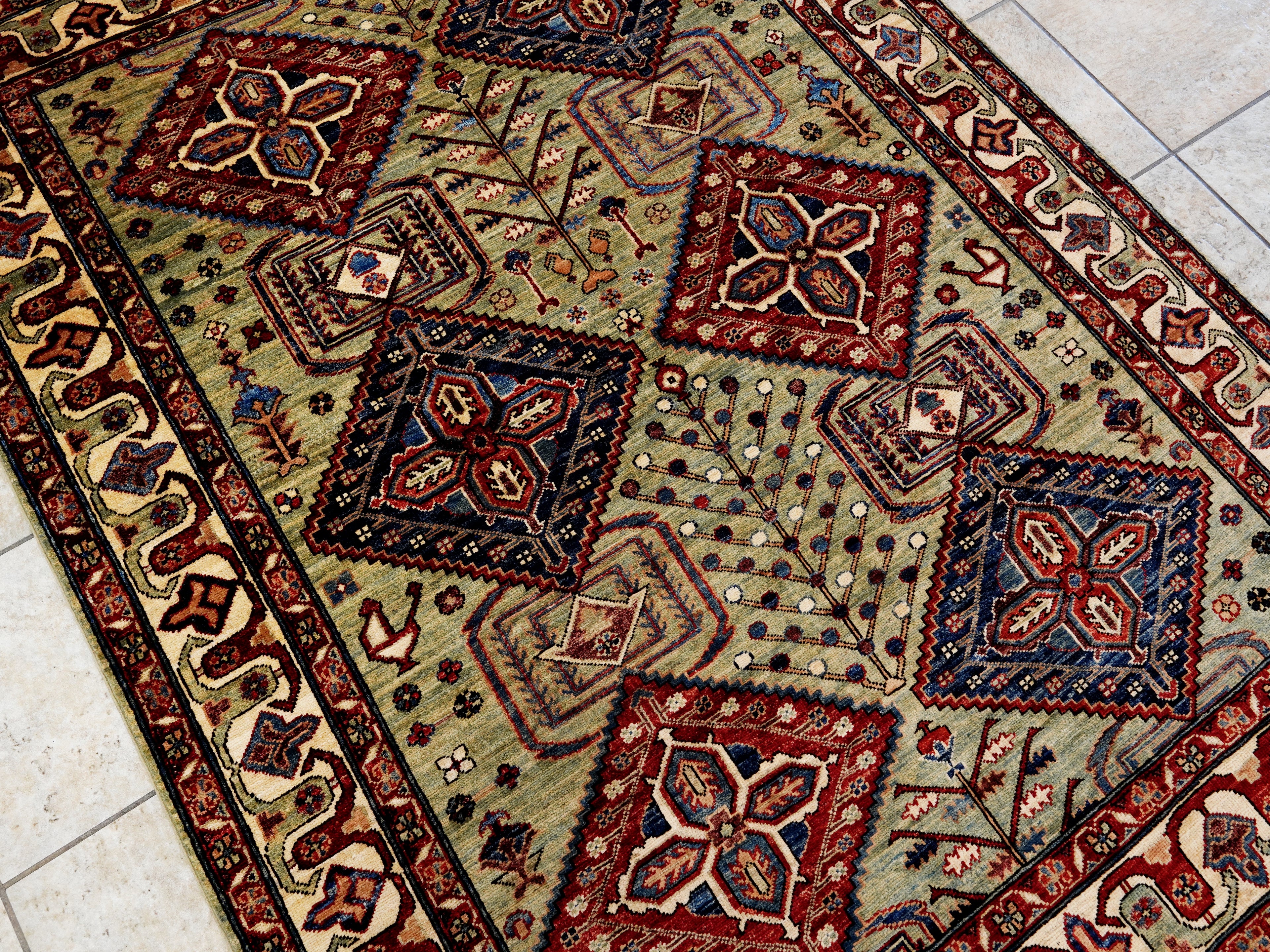 5x7 Ft Green Heriz Rug - Handmade Afghan Rug - Persian Design