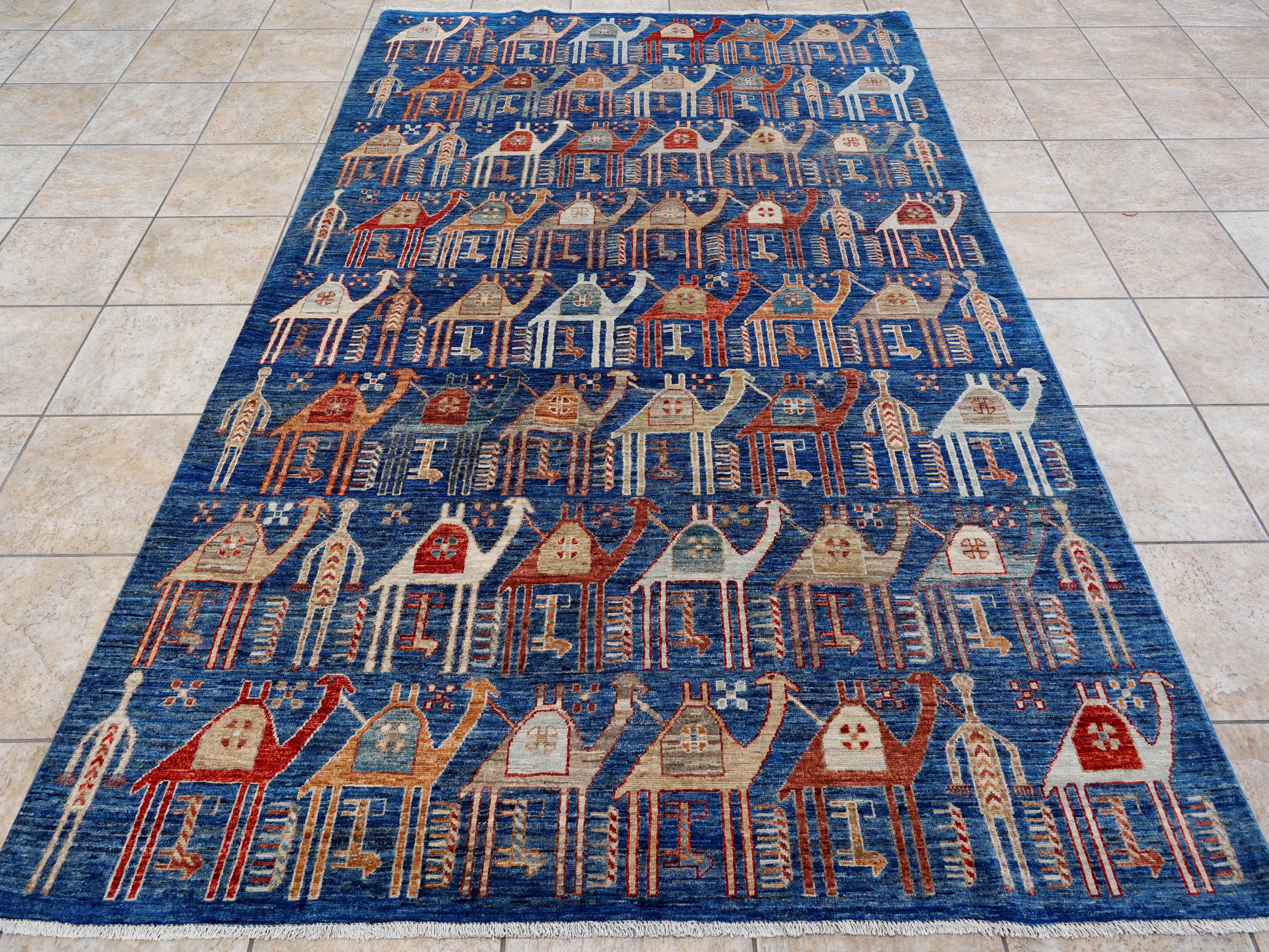 6x9 Ft Blue Camel Rug - Handmade Area Rug - Animal Design