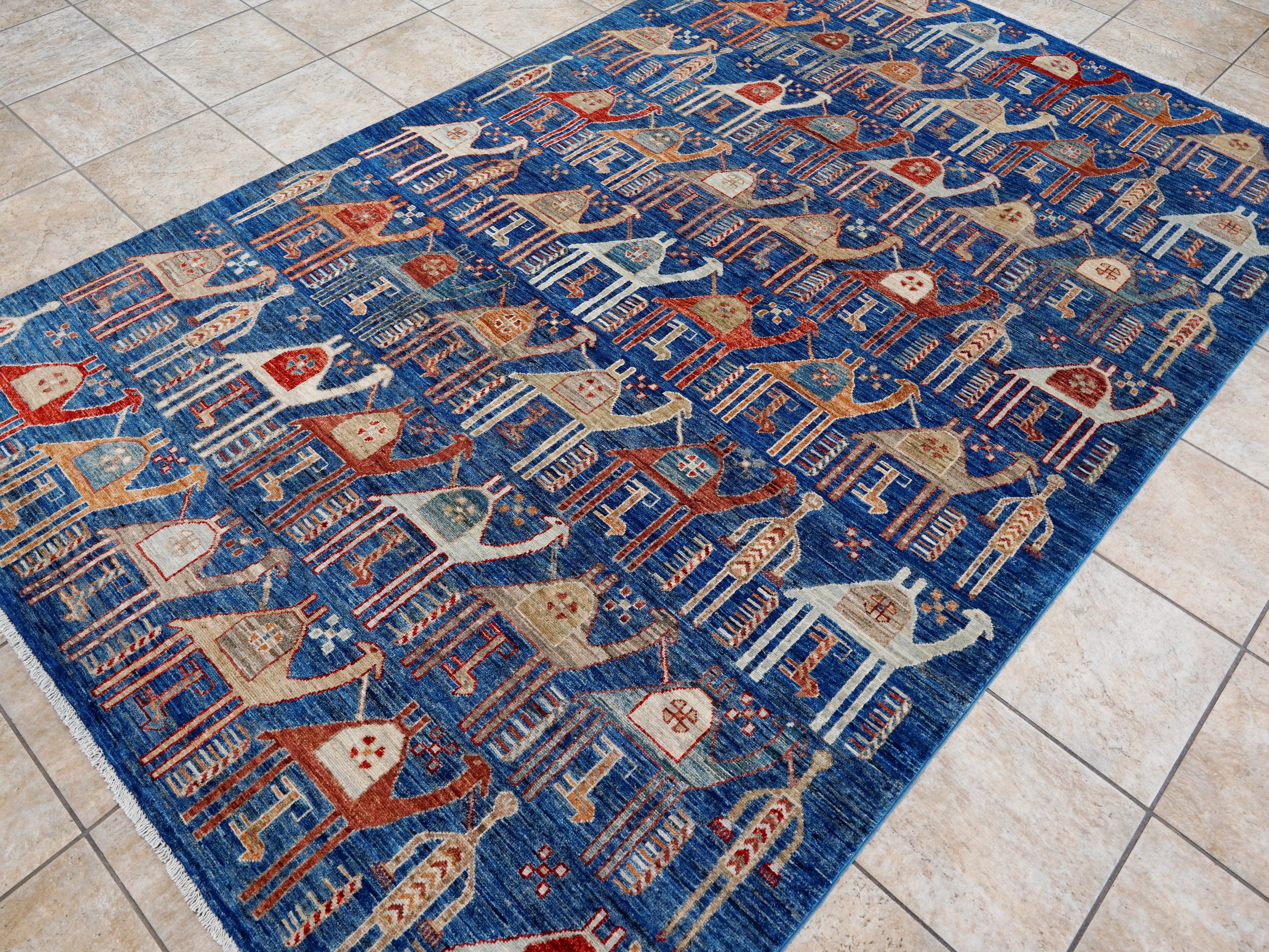 6x9 Ft Blue Camel Rug - Handmade Area Rug - Animal Design
