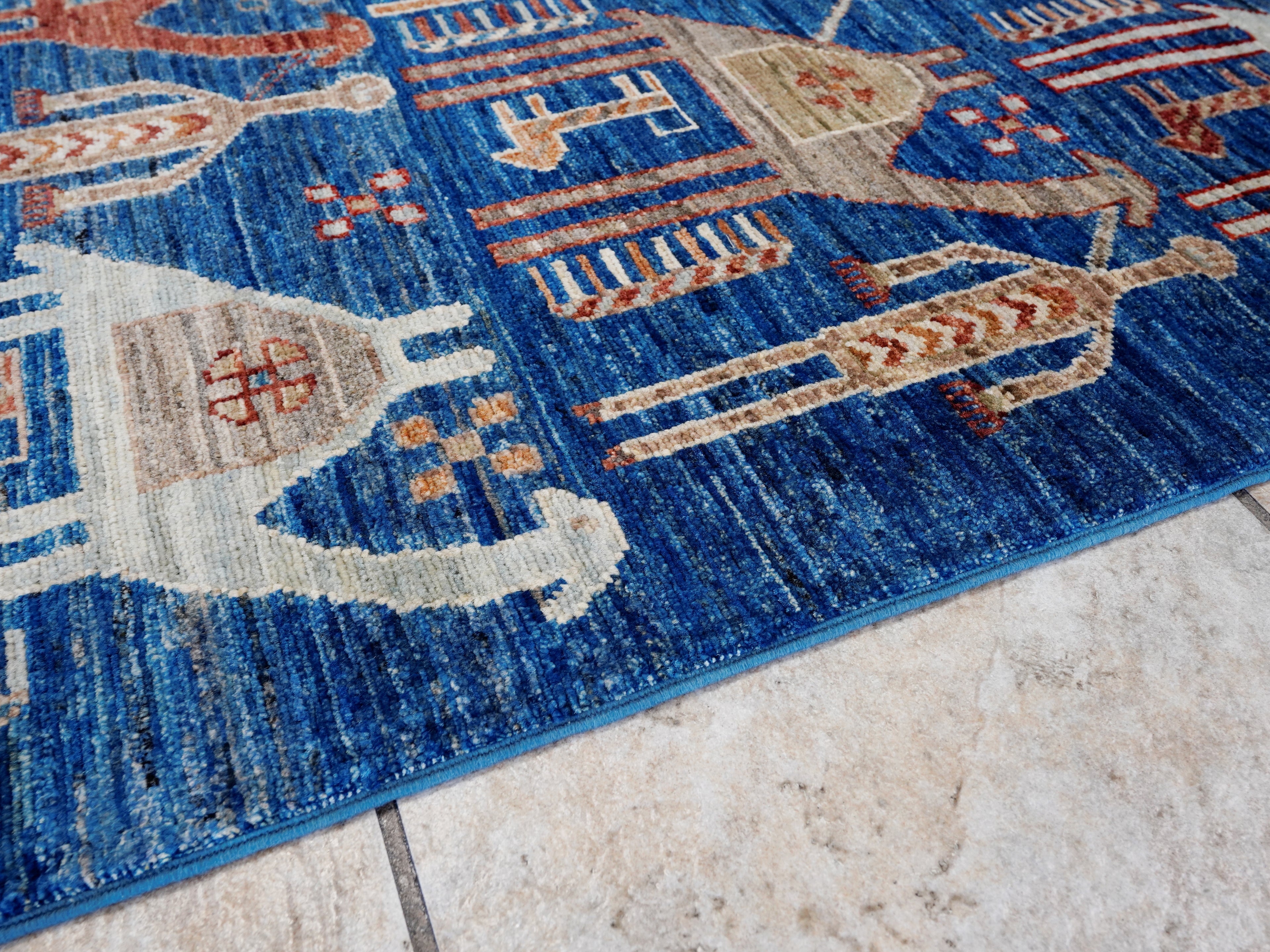 6x9 Ft Blue Camel Rug - Handmade Area Rug - Animal Design