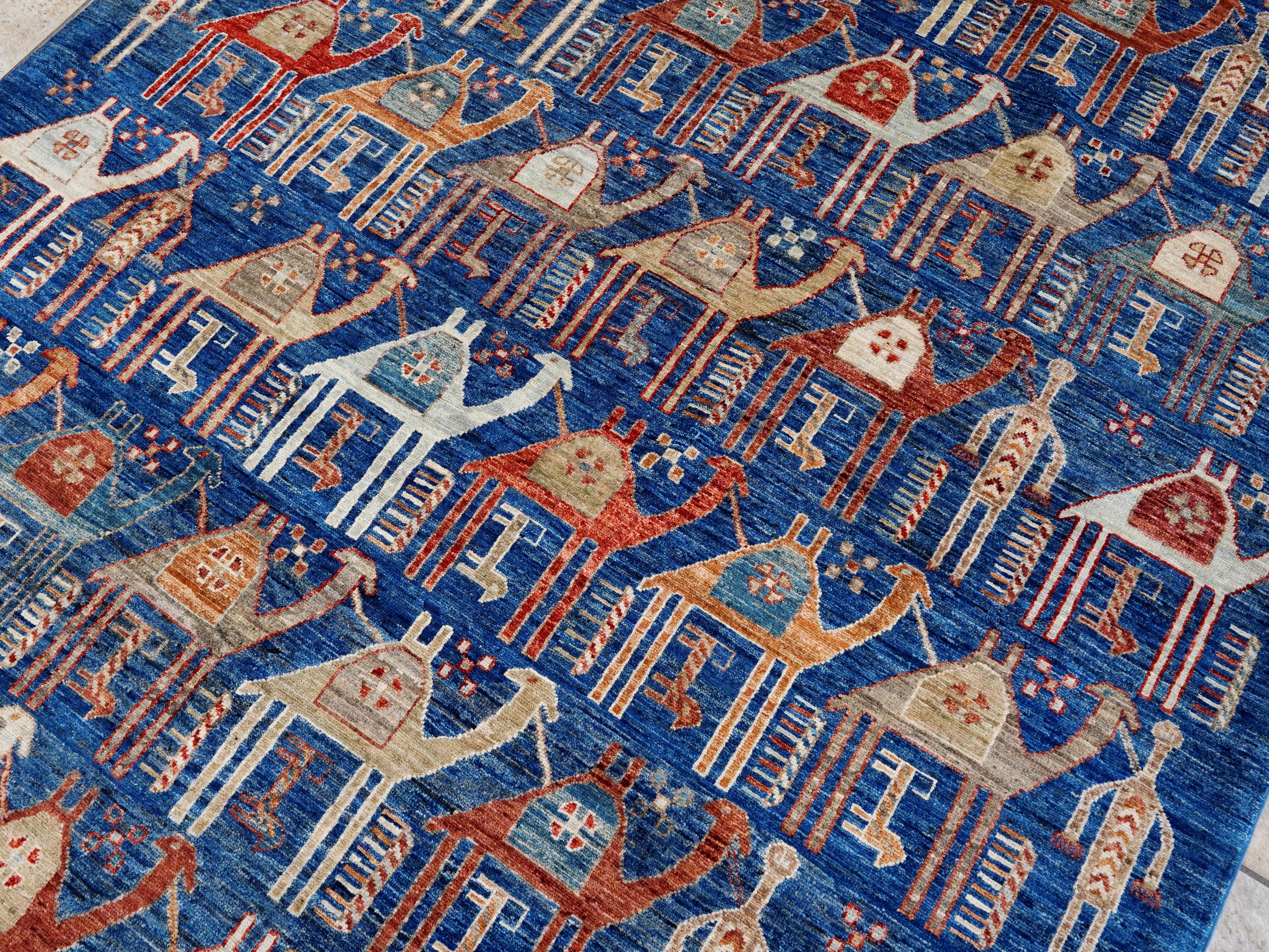 6x9 Ft Blue Camel Rug - Handmade Area Rug - Animal Design