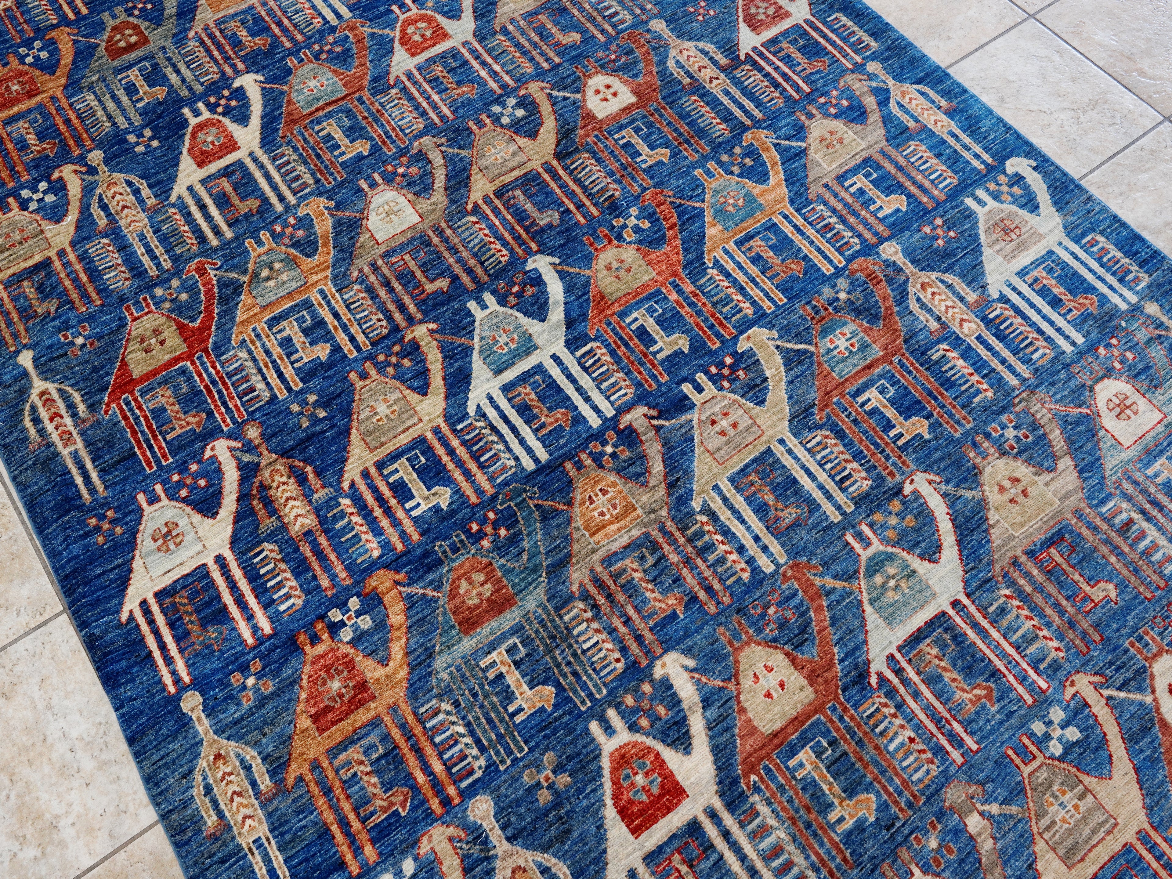 6x9 Ft Blue Camel Rug - Handmade Area Rug - Animal Design