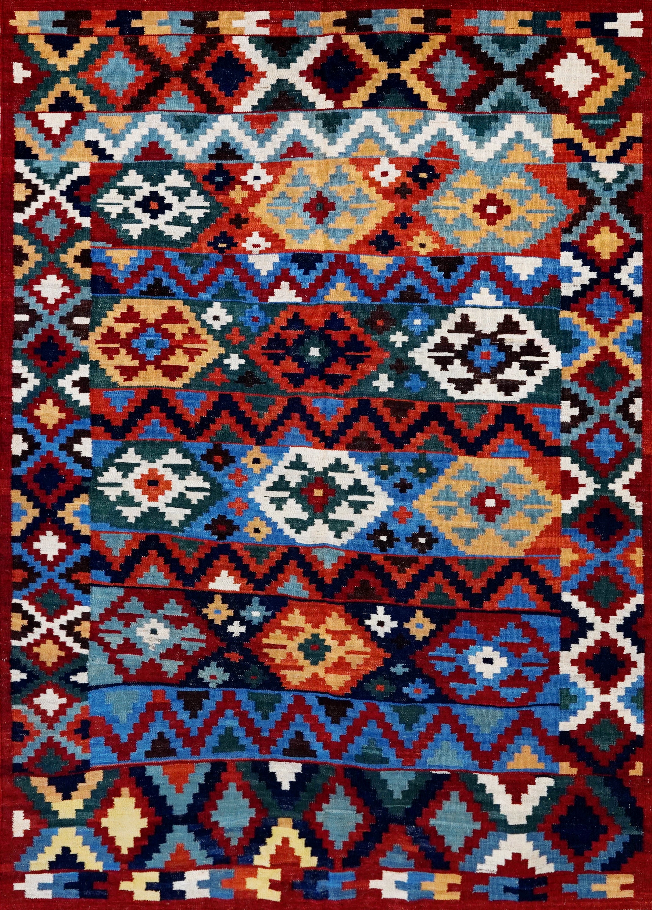 6x9 Ft Red & Blue Maimana Kilim Rug - Hand Knotted Wool Tribal Rug