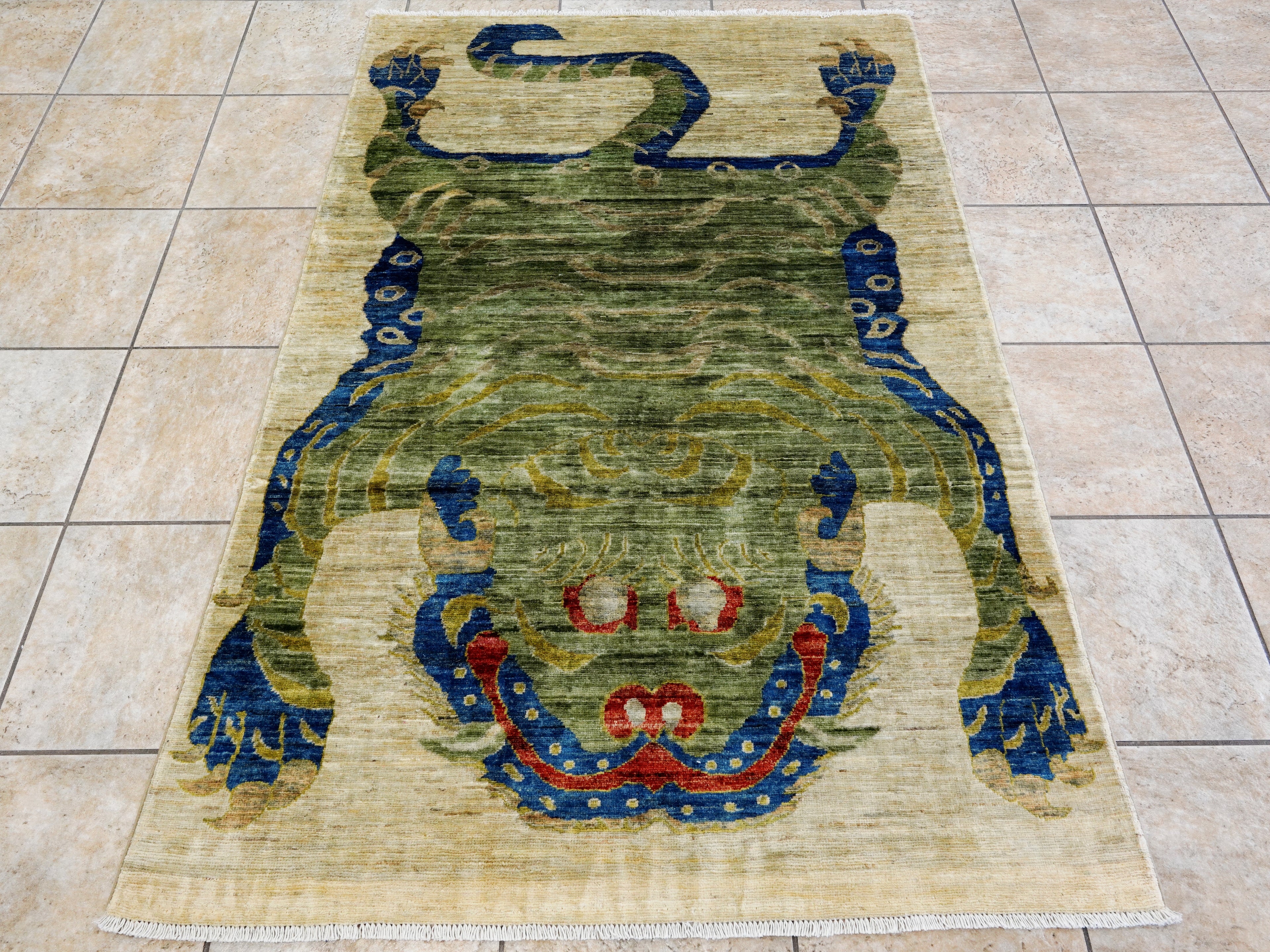 4x6 Ft Green Tiger Rug - Hand Knotted Wool Rug
