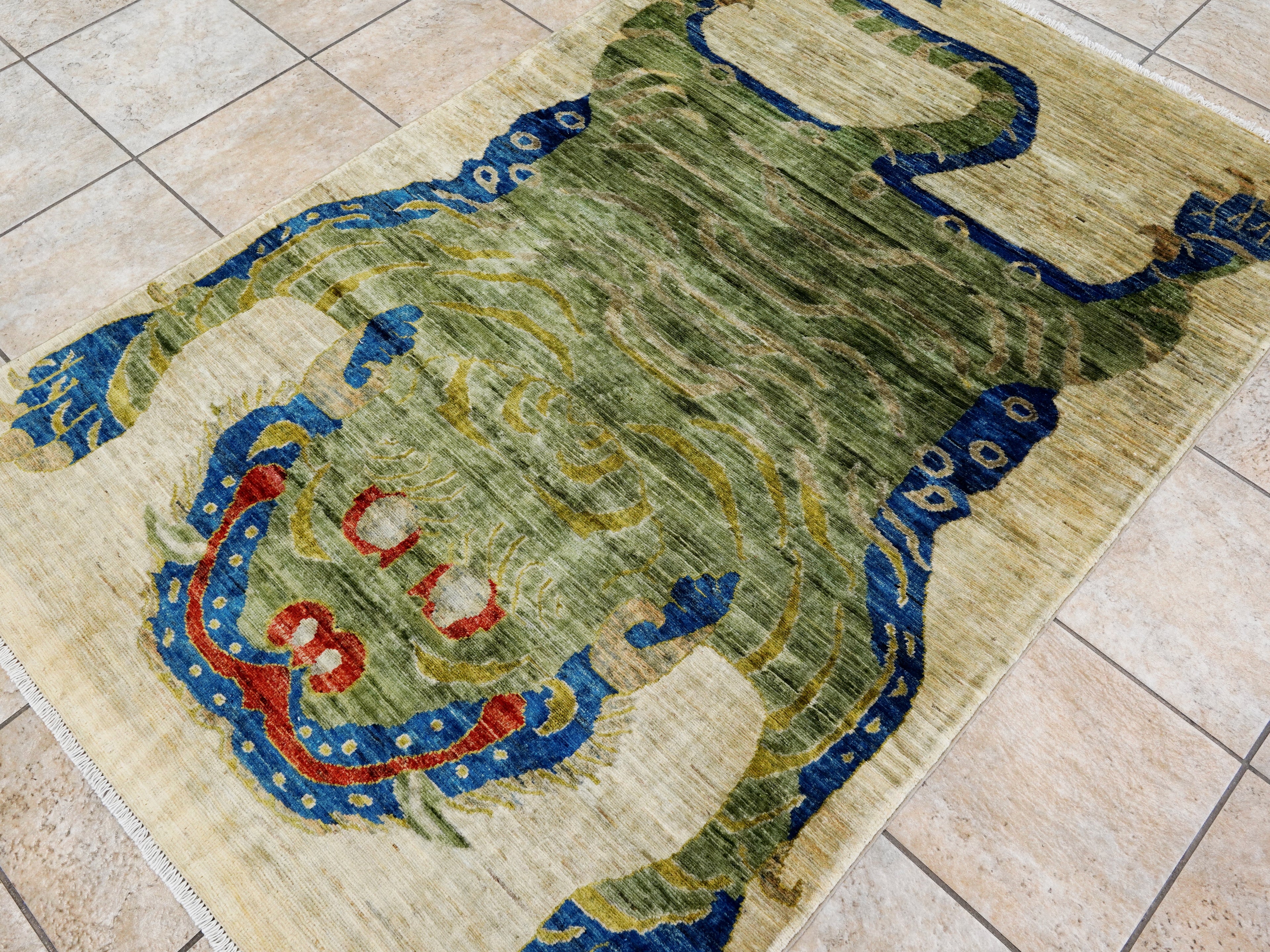 4x6 Ft Green Tiger Rug - Hand Knotted Wool Rug