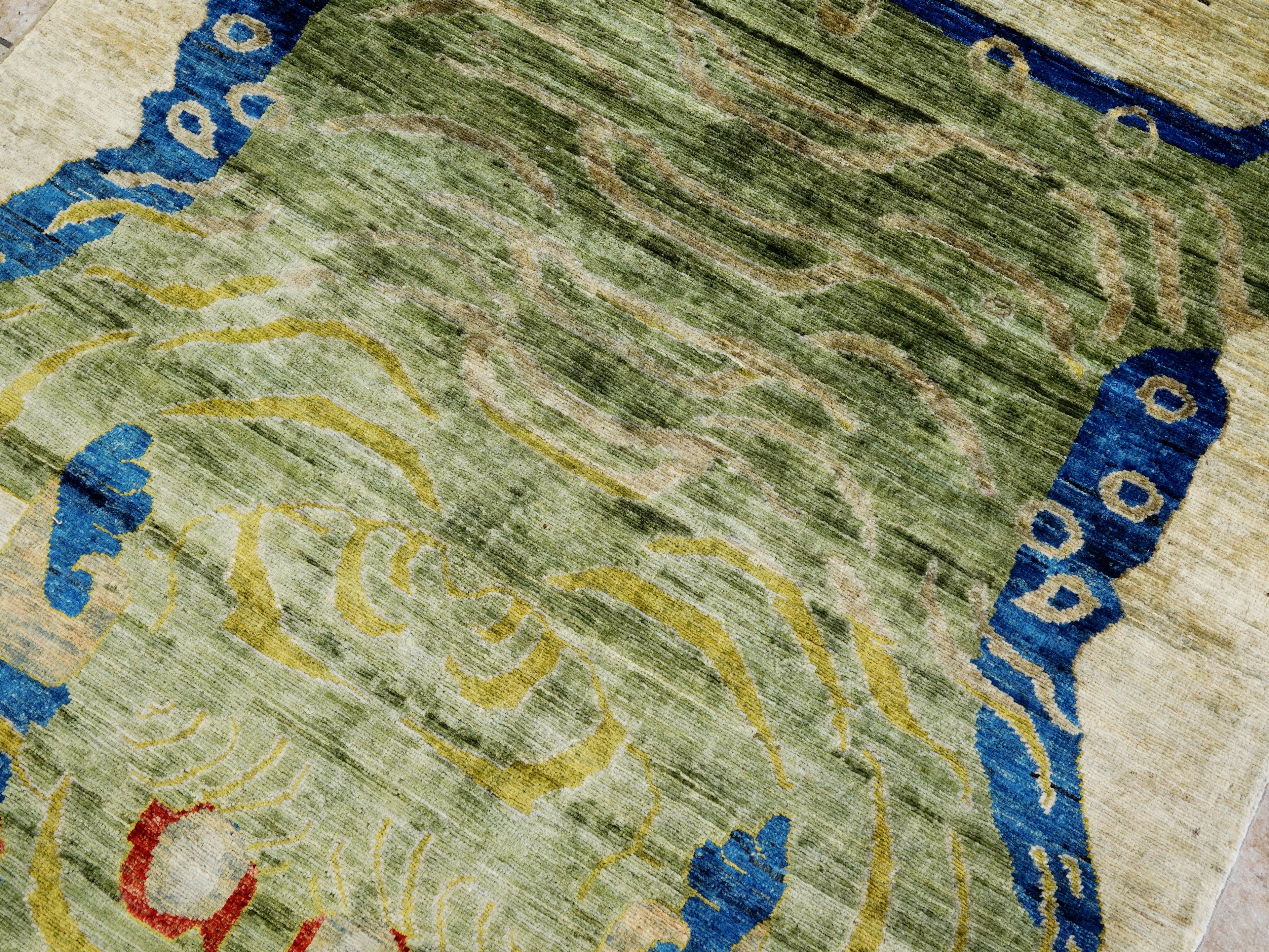 4x6 Ft Green Tiger Rug - Hand Knotted Wool Rug