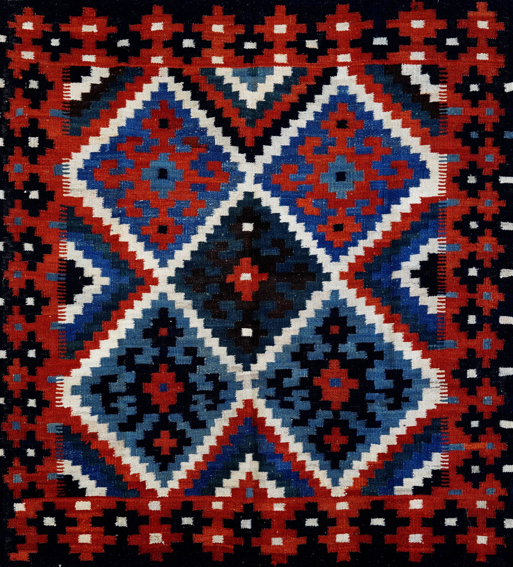 4x4 Ft Blue Square Killim Rug - Afghan Handwoven Flatweave