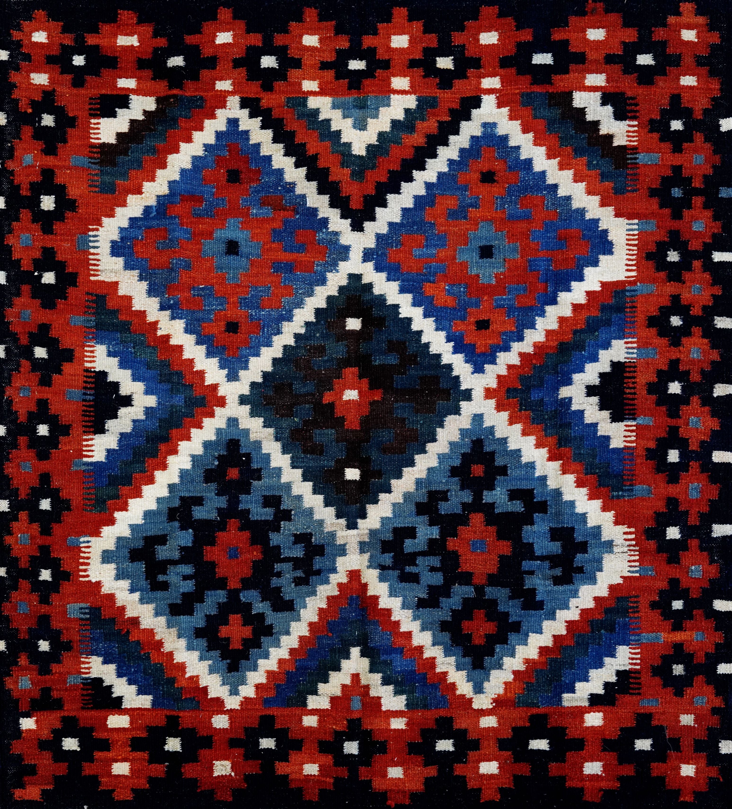 4x4 Ft Blue Square Killim Rug - Afghan Handwoven Flatweave