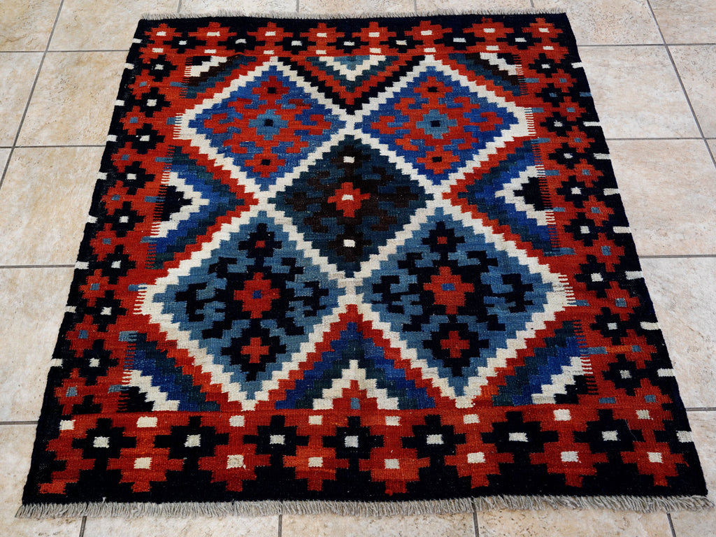 4x4 Ft Blue Square Killim Rug - Afghan Handwoven Flatweave
