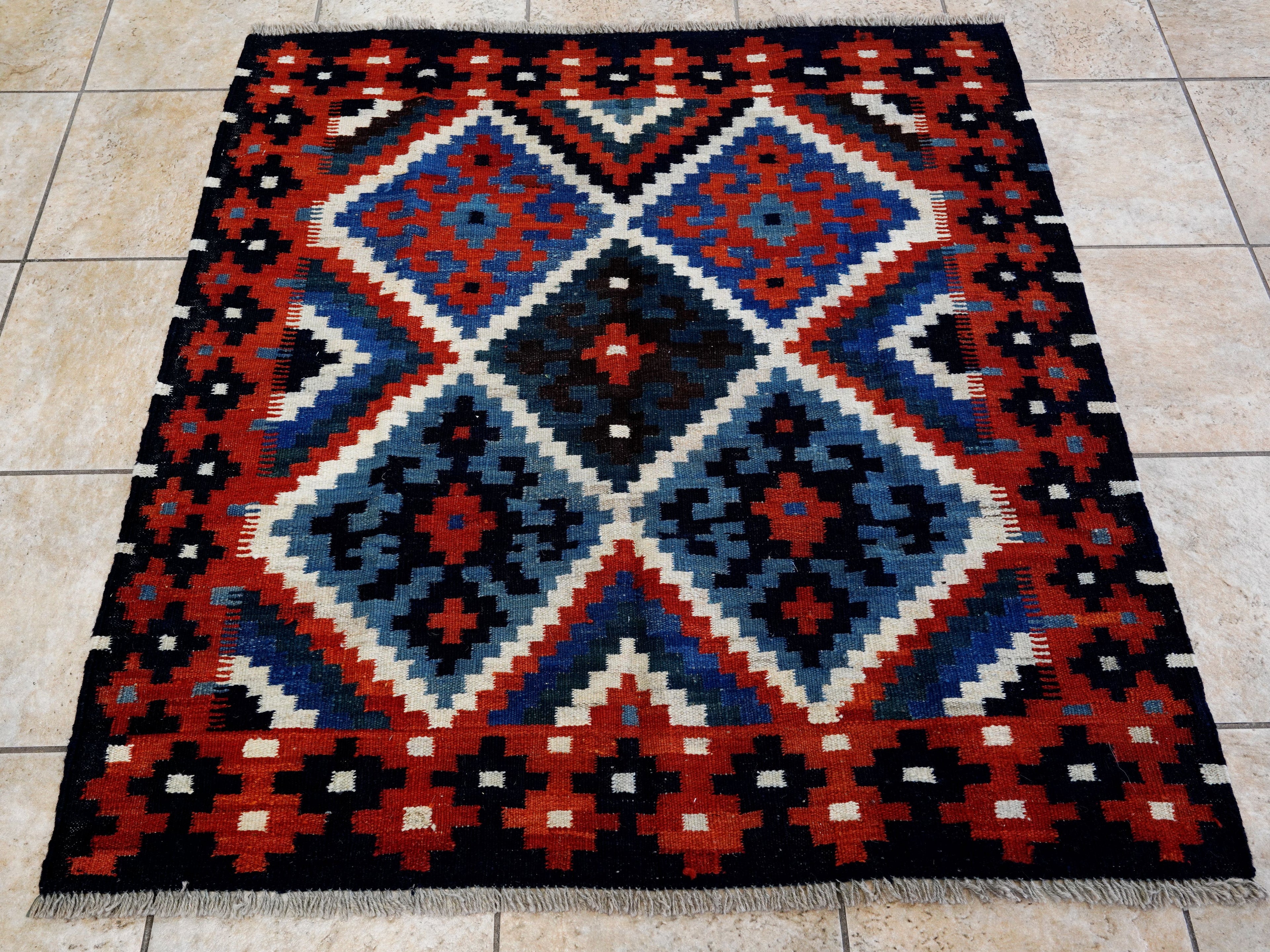 4x4 Ft Blue Square Killim Rug - Afghan Handwoven Flatweave