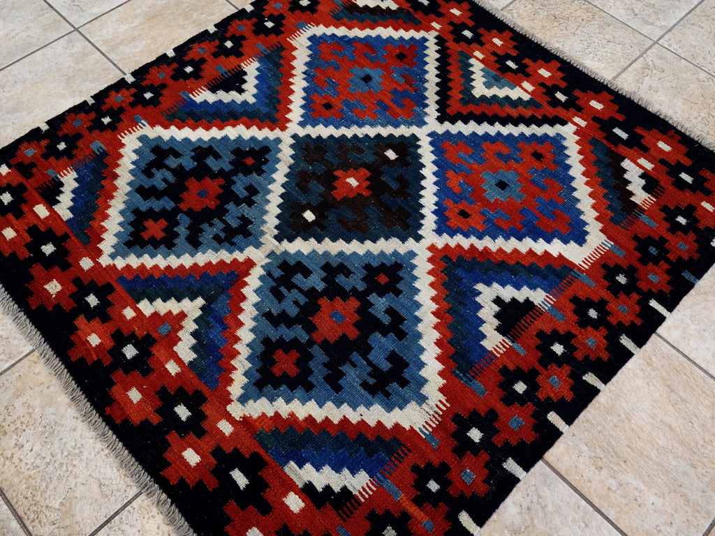 4x4 Ft Blue Square Killim Rug - Afghan Handwoven Flatweave