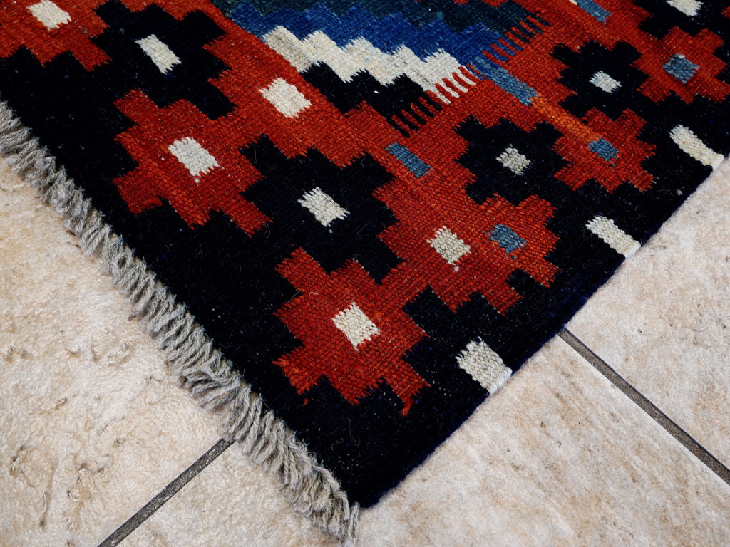 4x4 Ft Blue Square Killim Rug - Afghan Handwoven Flatweave