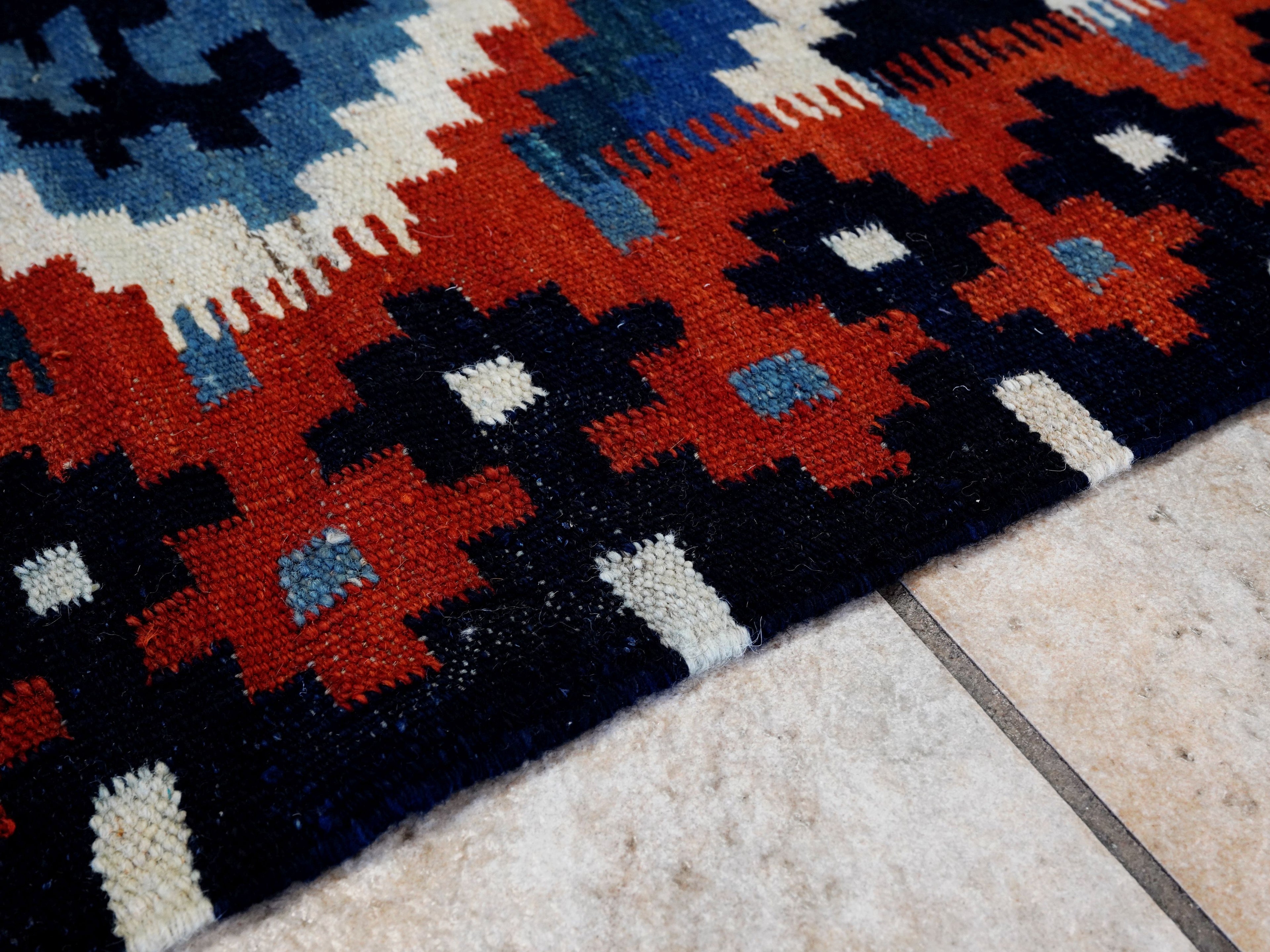 4x4 Ft Blue Square Killim Rug - Afghan Handwoven Flatweave