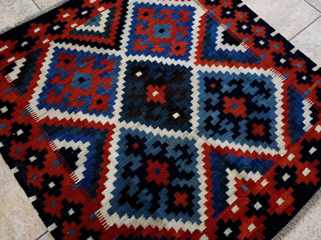 4x4 Ft Blue Square Killim Rug - Afghan Handwoven Flatweave