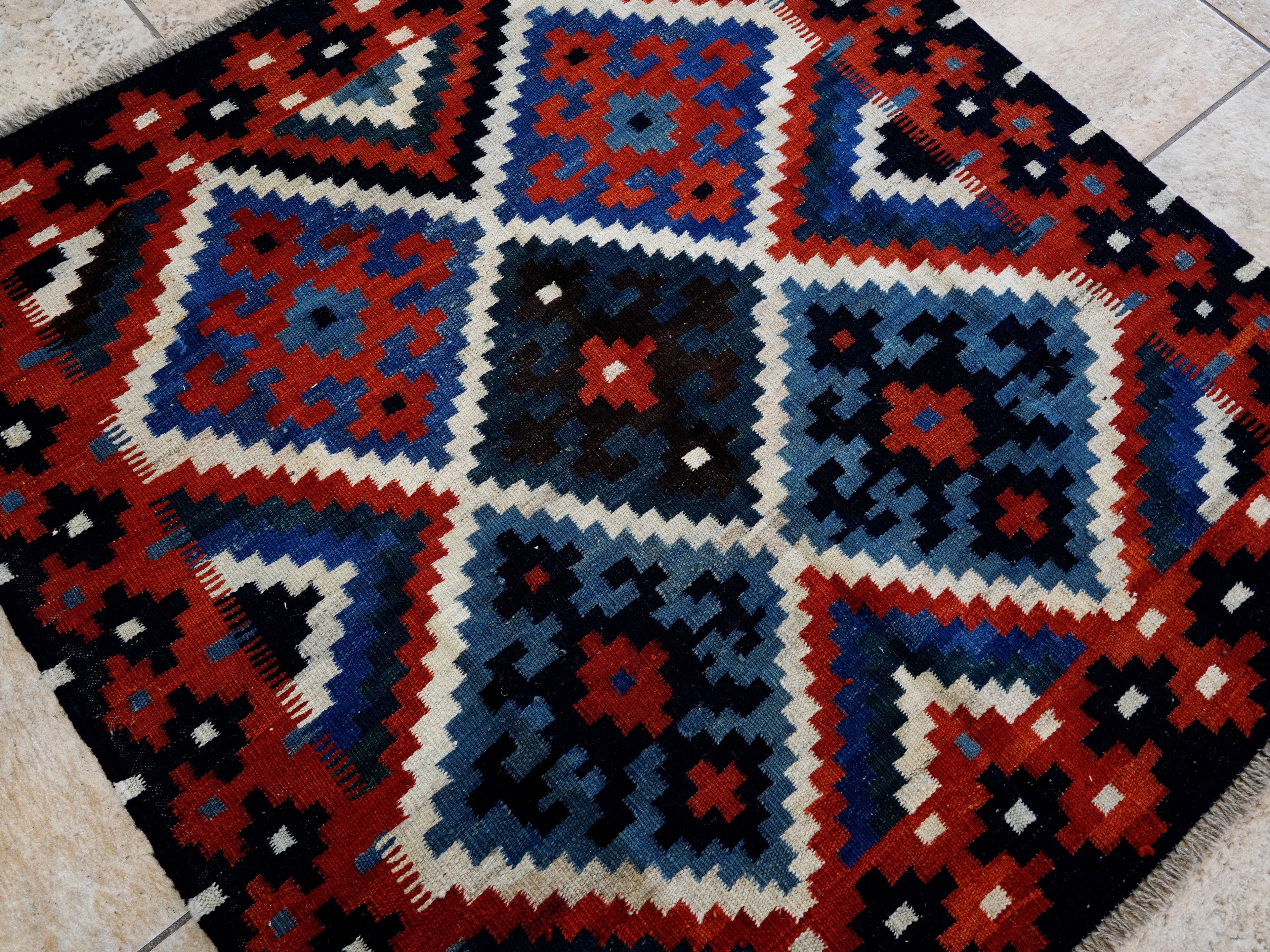 4x4 Ft Blue Square Killim Rug - Afghan Handwoven Flatweave
