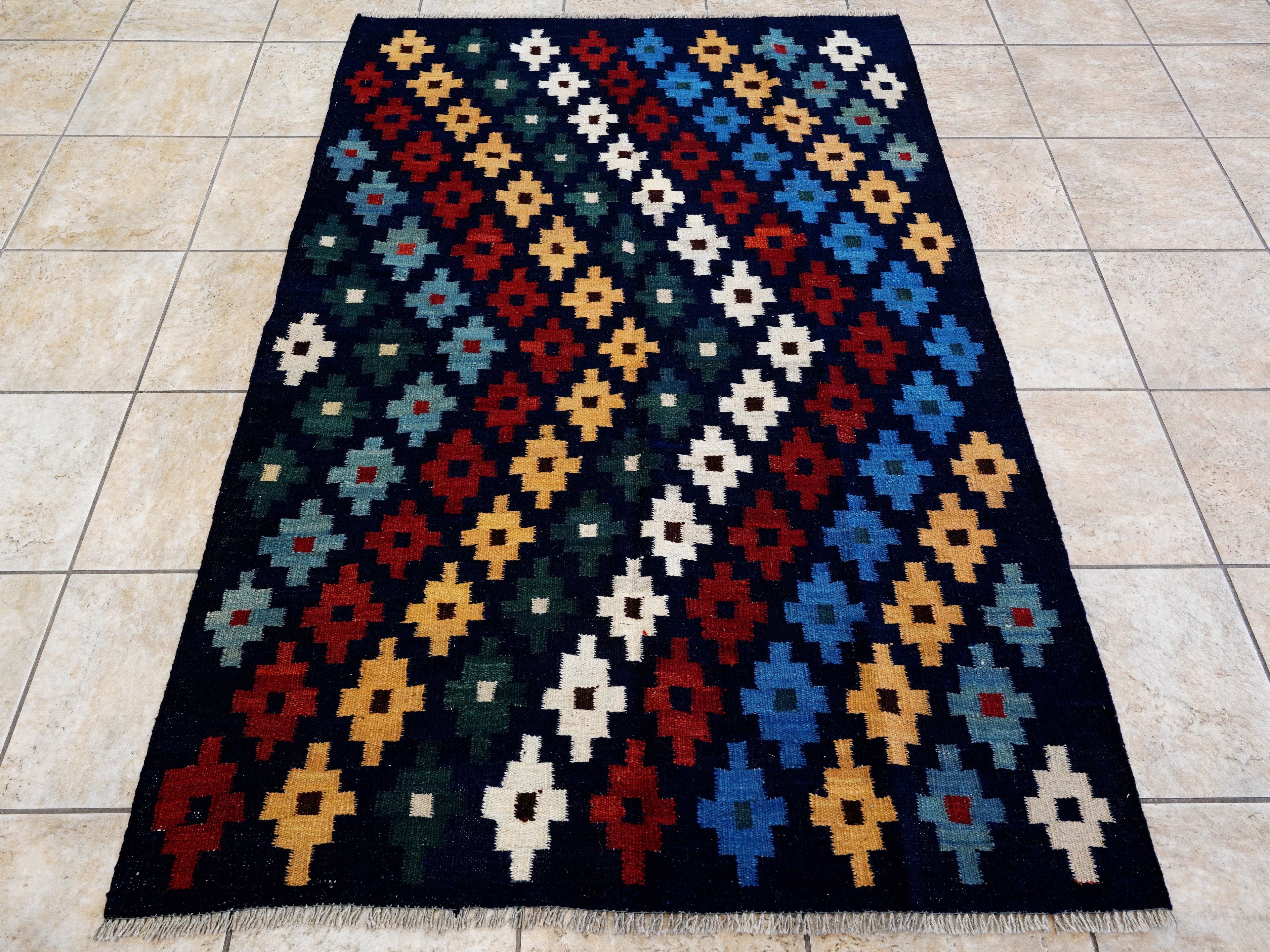 4x6 Ft Navy Blue Kilim Rug - Tribal Flat Weave