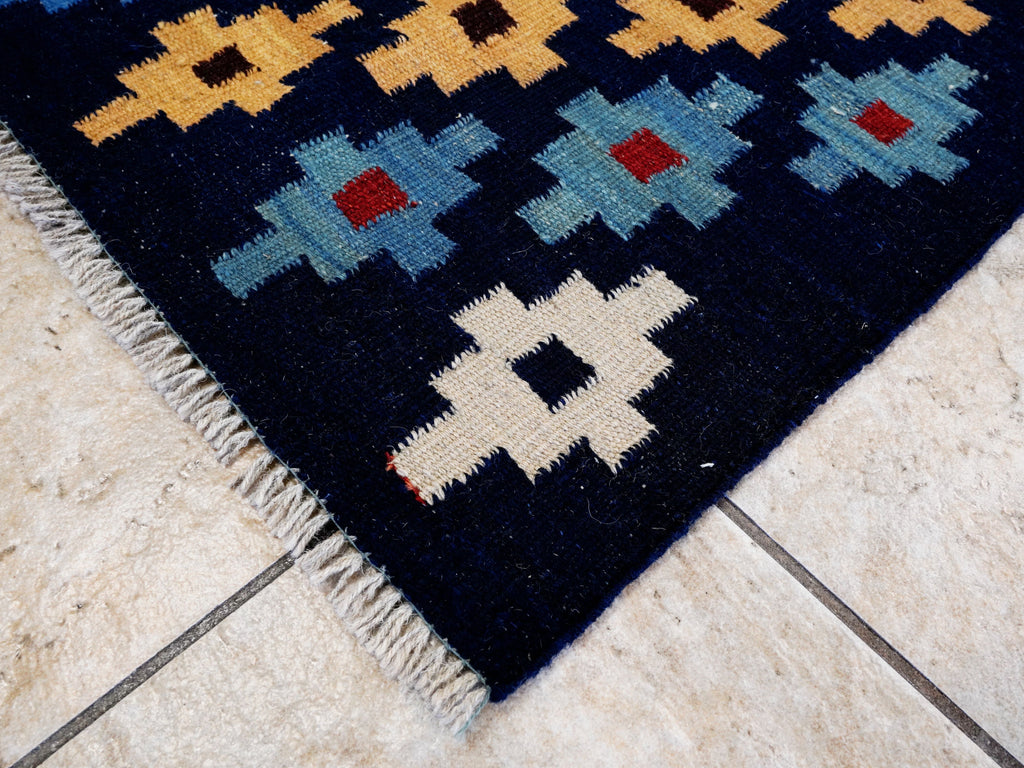 4x6 Ft Navy Blue Kilim Rug - Tribal Flat Weave