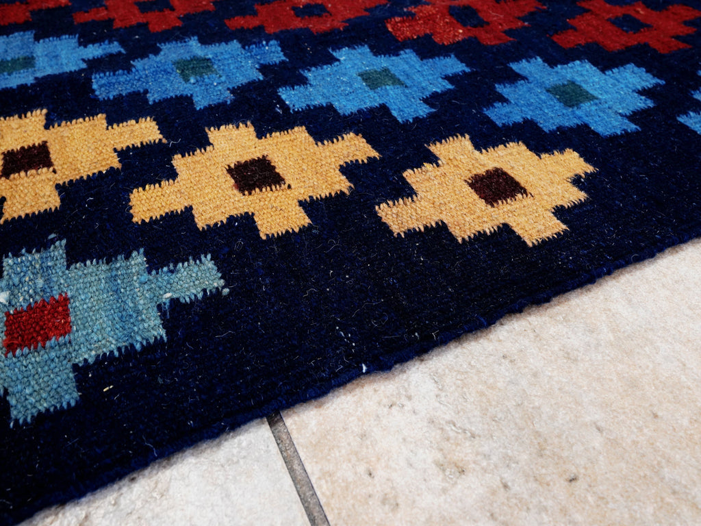 4x6 Ft Navy Blue Kilim Rug - Tribal Flat Weave