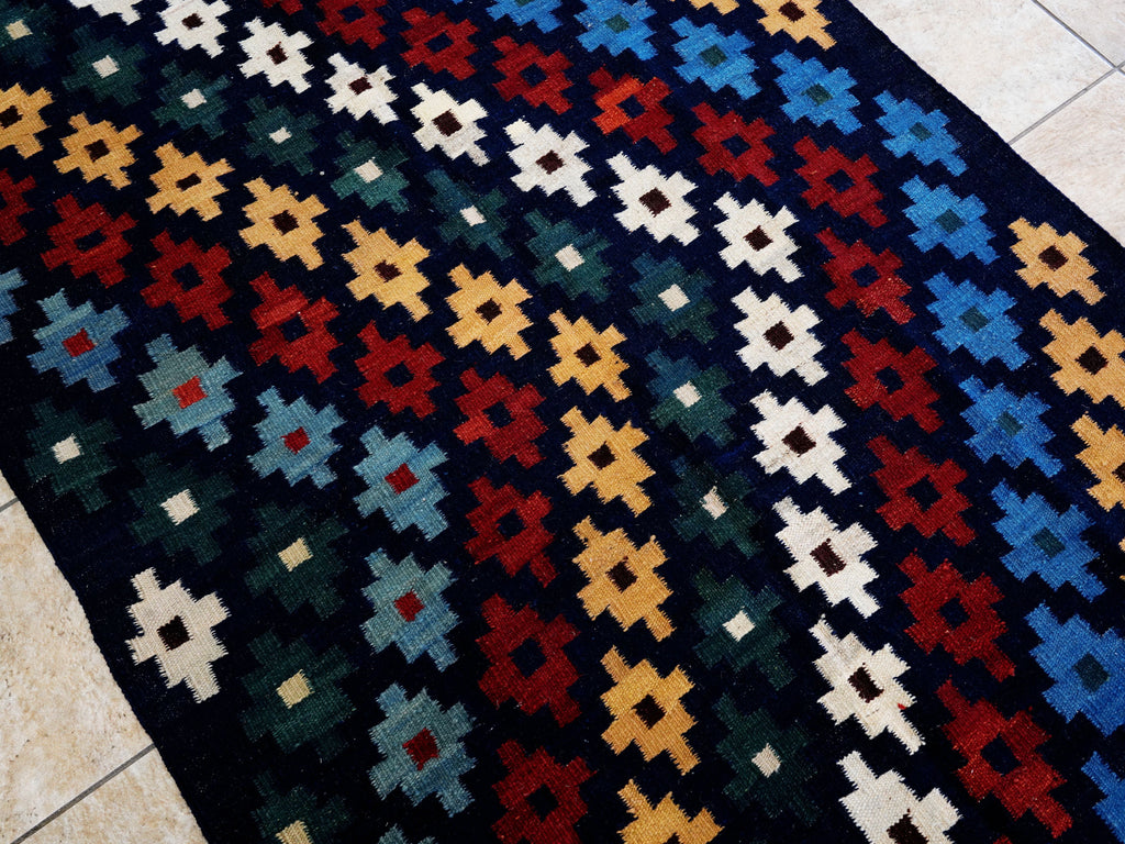 4x6 Ft Navy Blue Kilim Rug - Tribal Flat Weave