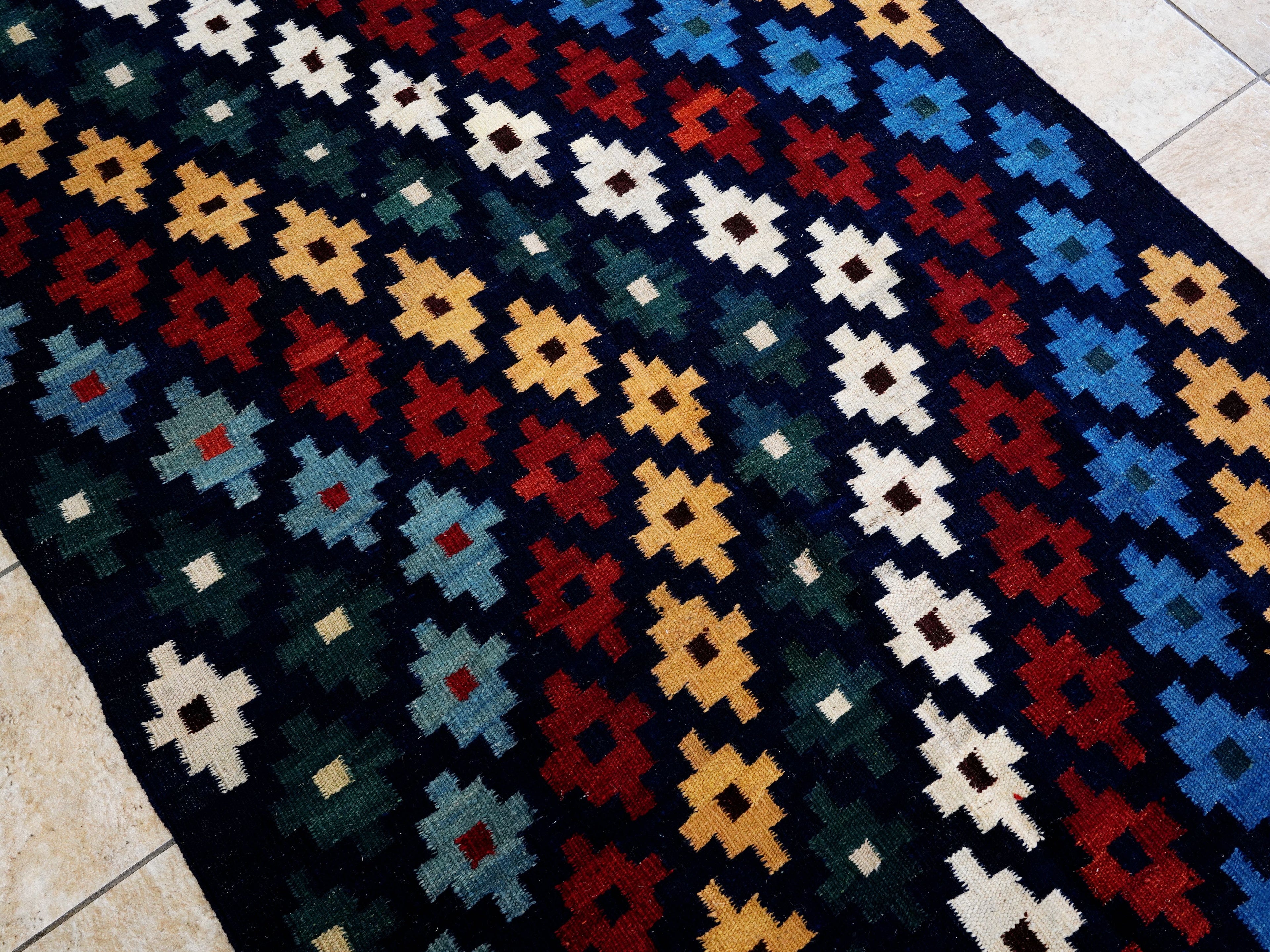 4x6 Ft Navy Blue Kilim Rug - Tribal Flat Weave
