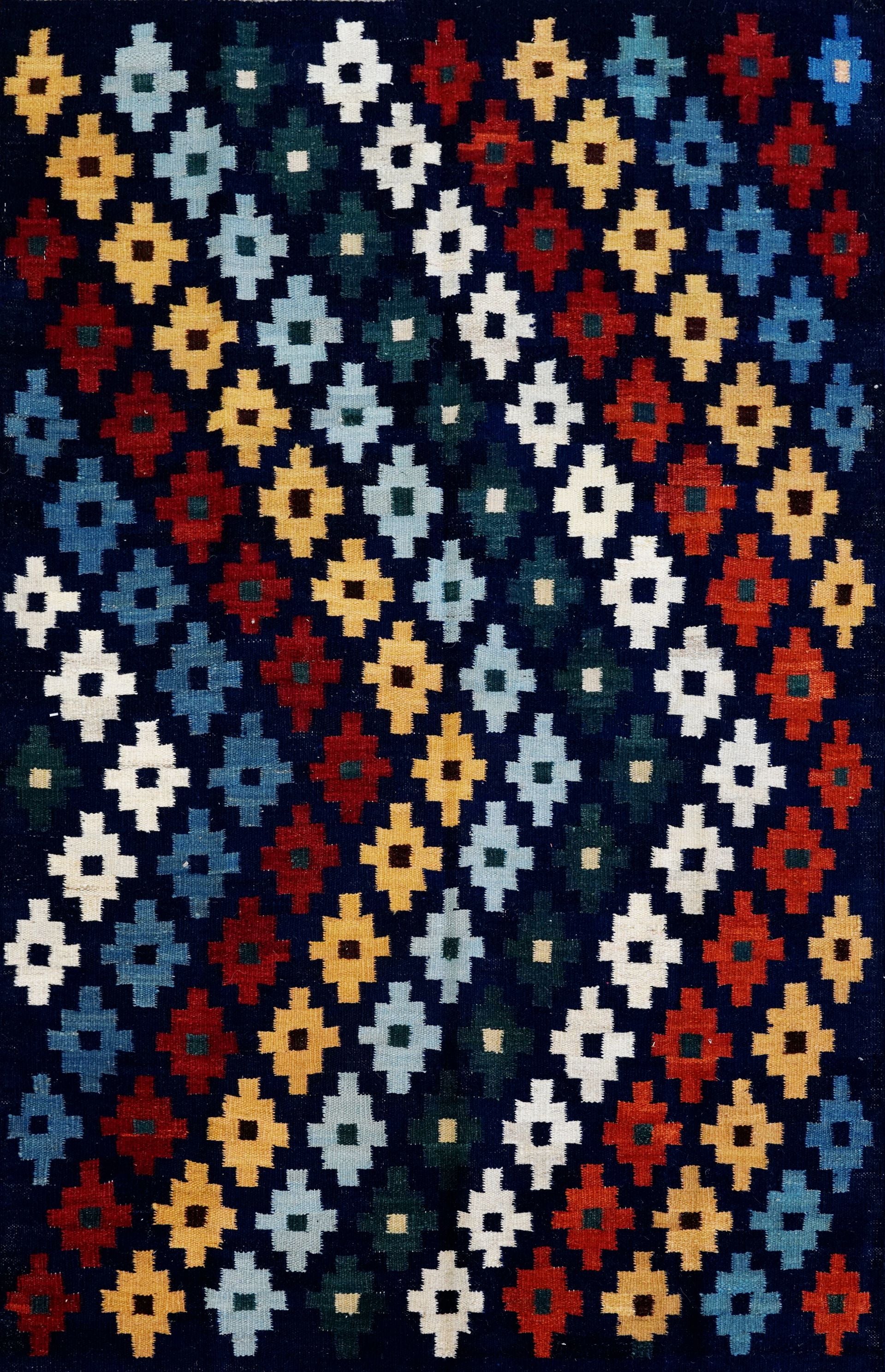4x6 Ft Navy Blue Kilim Rug - Tribal Flat Weave