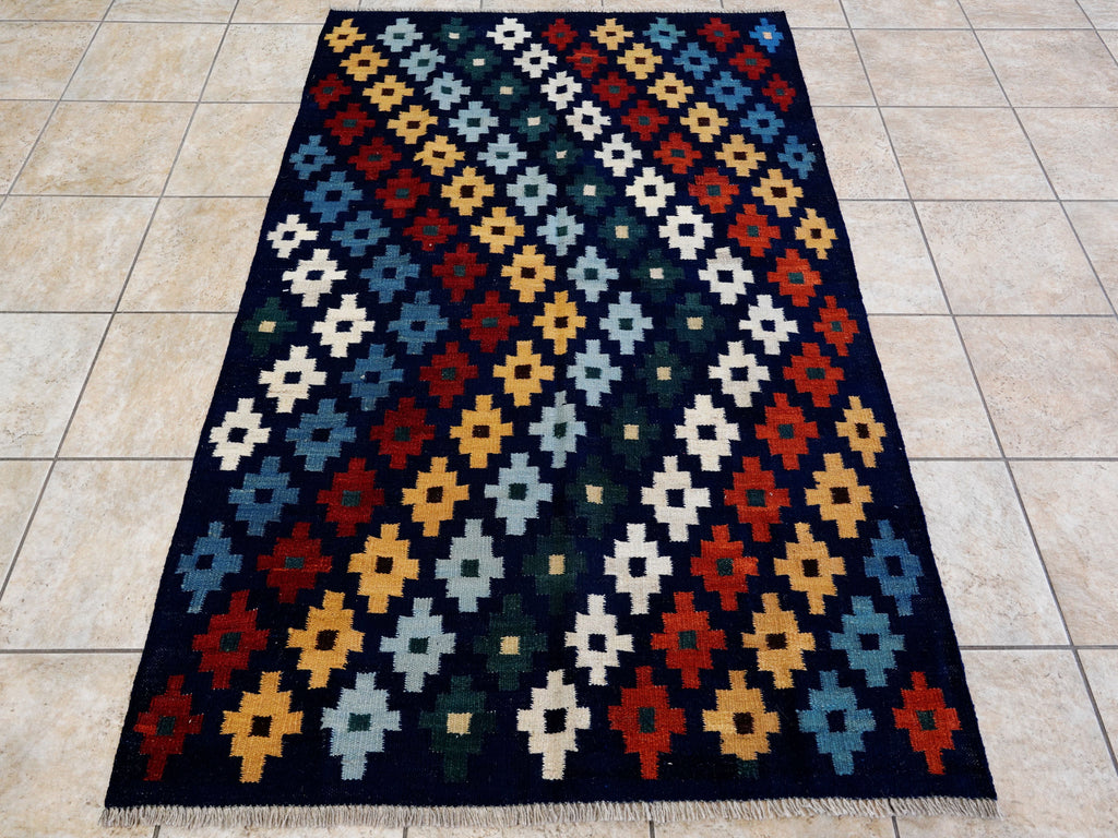 4x6 Ft Navy Blue Kilim Rug - Tribal Flat Weave