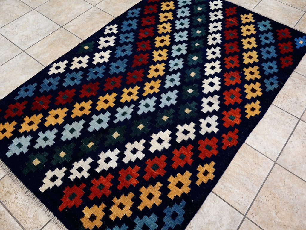 4x6 Ft Navy Blue Kilim Rug - Tribal Flat Weave