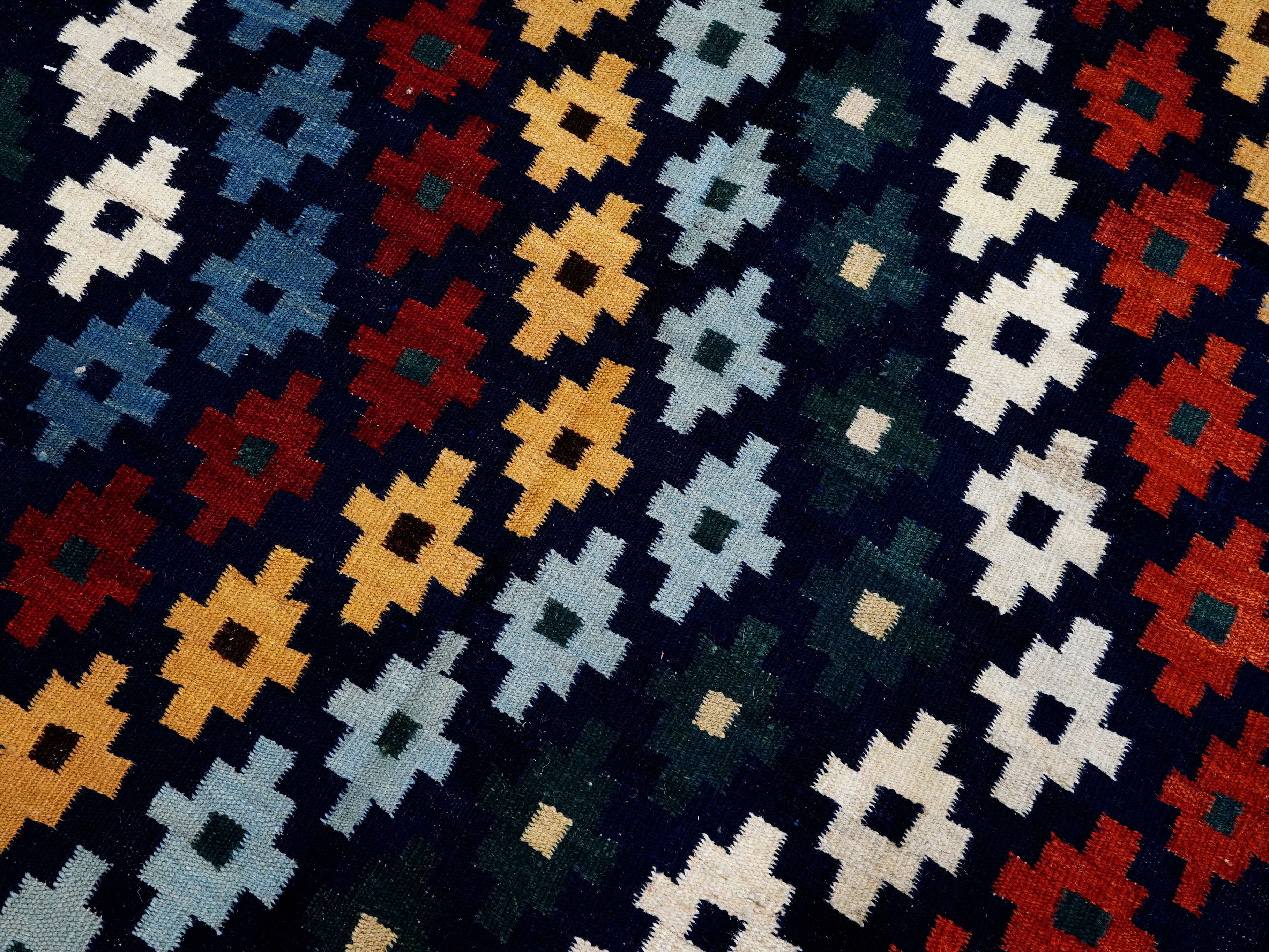 4x6 Ft Navy Blue Kilim Rug - Tribal Flat Weave
