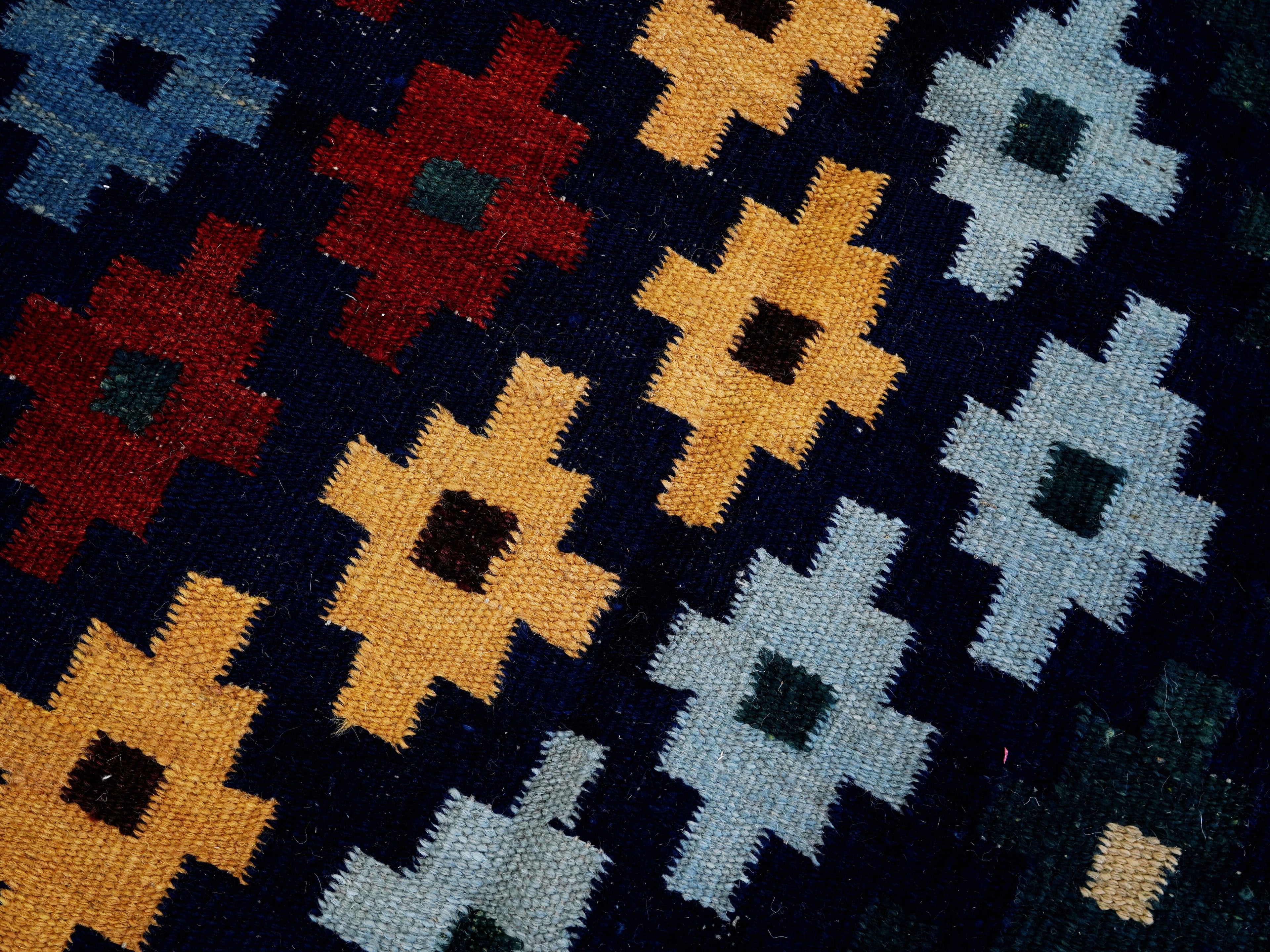 4x6 Ft Navy Blue Kilim Rug - Tribal Flat Weave