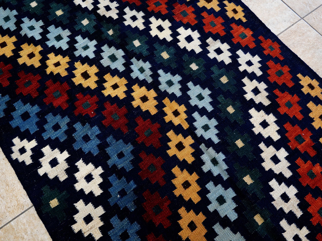 4x6 Ft Navy Blue Kilim Rug - Tribal Flat Weave